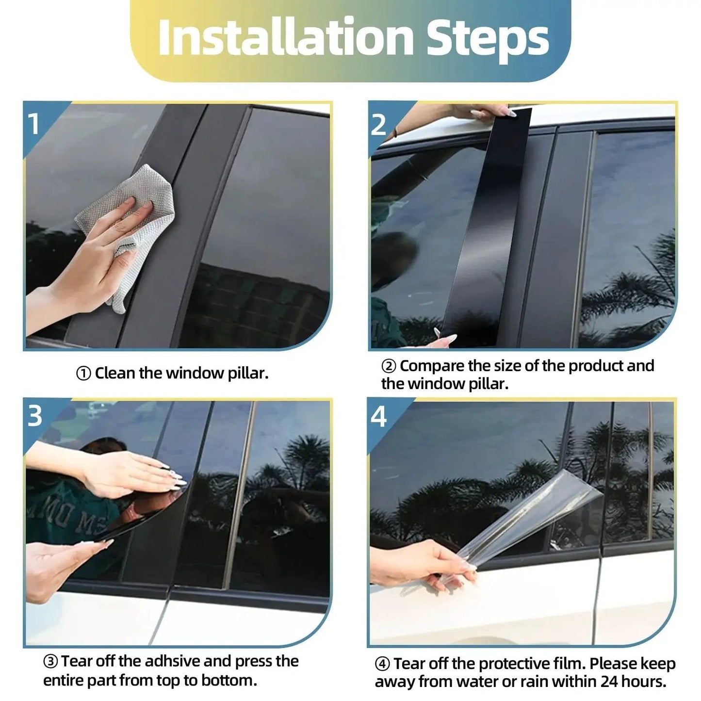 Installation steps of 8Pcs Glossy Black Exterior Pillar Trim Covers and Stickers for HRV 2016 to 2022 with adhesive application.