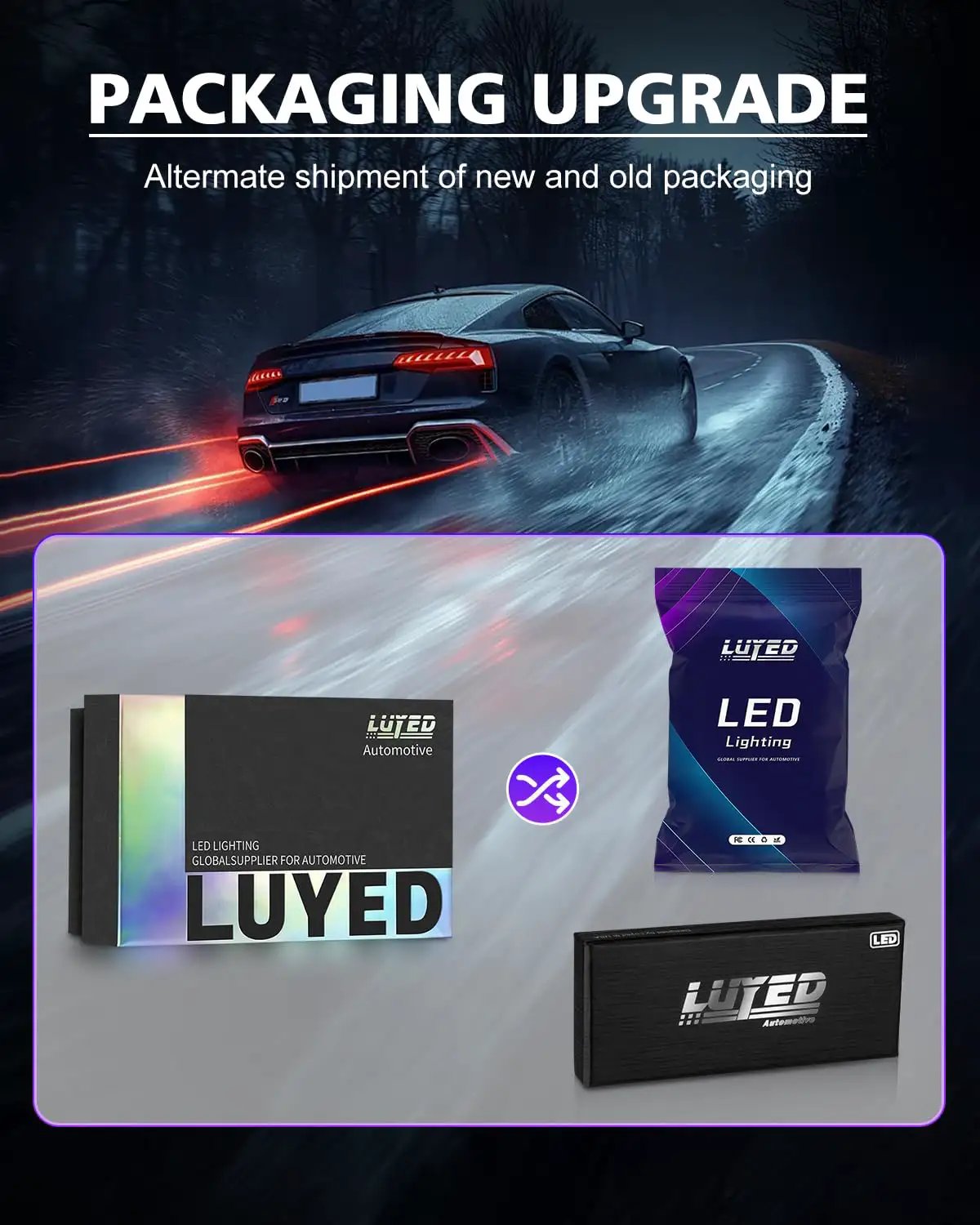 Packaging upgrade image showing LUYED automotive LED light packages, highlighting old and new designs for shipping.