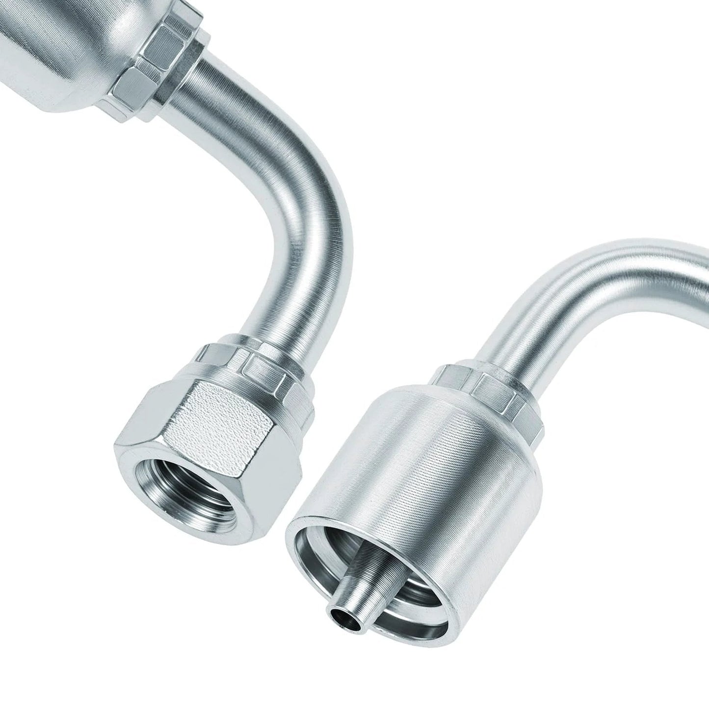 Close-up of 10 Pack 1/4 Inch Hydraulic Fittings Set QWORK 1/4 Inch JIC 37 Degree Female 90 Degree Swivel Crimp Fittings.