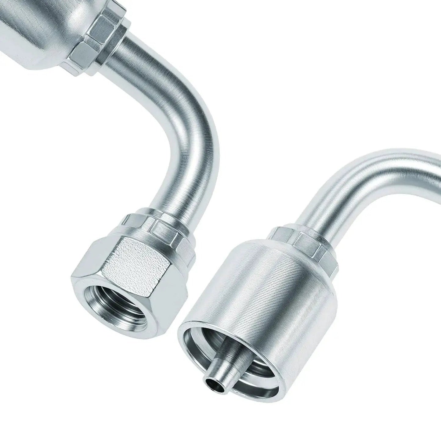 Close-up of 10 Pack One Quarter Inch Hydraulic Fittings Kit With One Quarter Inch JIC 37 Degree Female 90 Degree Swivel End Permanent Crimp Fittings For Hose Repair Leak Proof Connections Heavy Duty DIY Hydraulic Line Fix