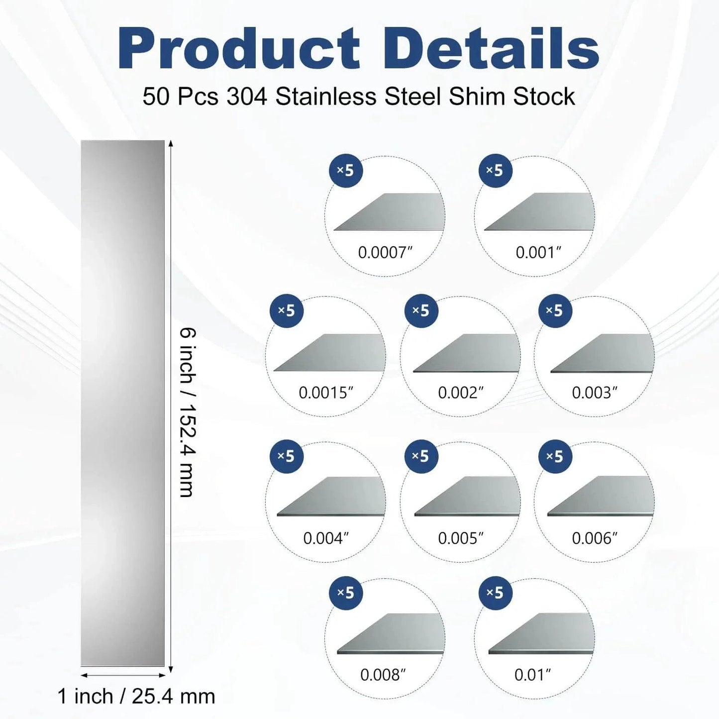 Product details of 50 Pcs Shim Stock Assortment in 304 stainless steel shims, size 1 inch by 6 inches, showing various thicknesses.