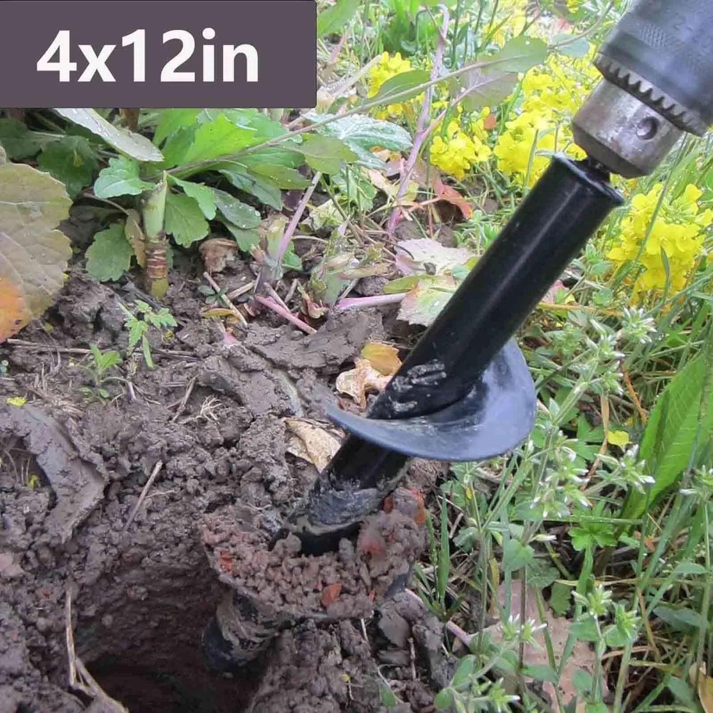 4x12 Inch Auger Drill Bit For Planting And Digging Holes In The Garden in use with a drill, showing soil and plants