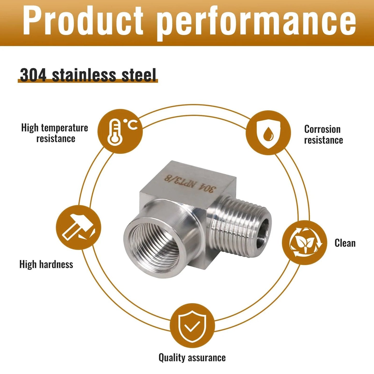 90 Degree NPT Elbow Pipe Fitting Three Eighths Male To Three Eighths Female Forged Stainless Steel Street Elbow with performance features displayed.