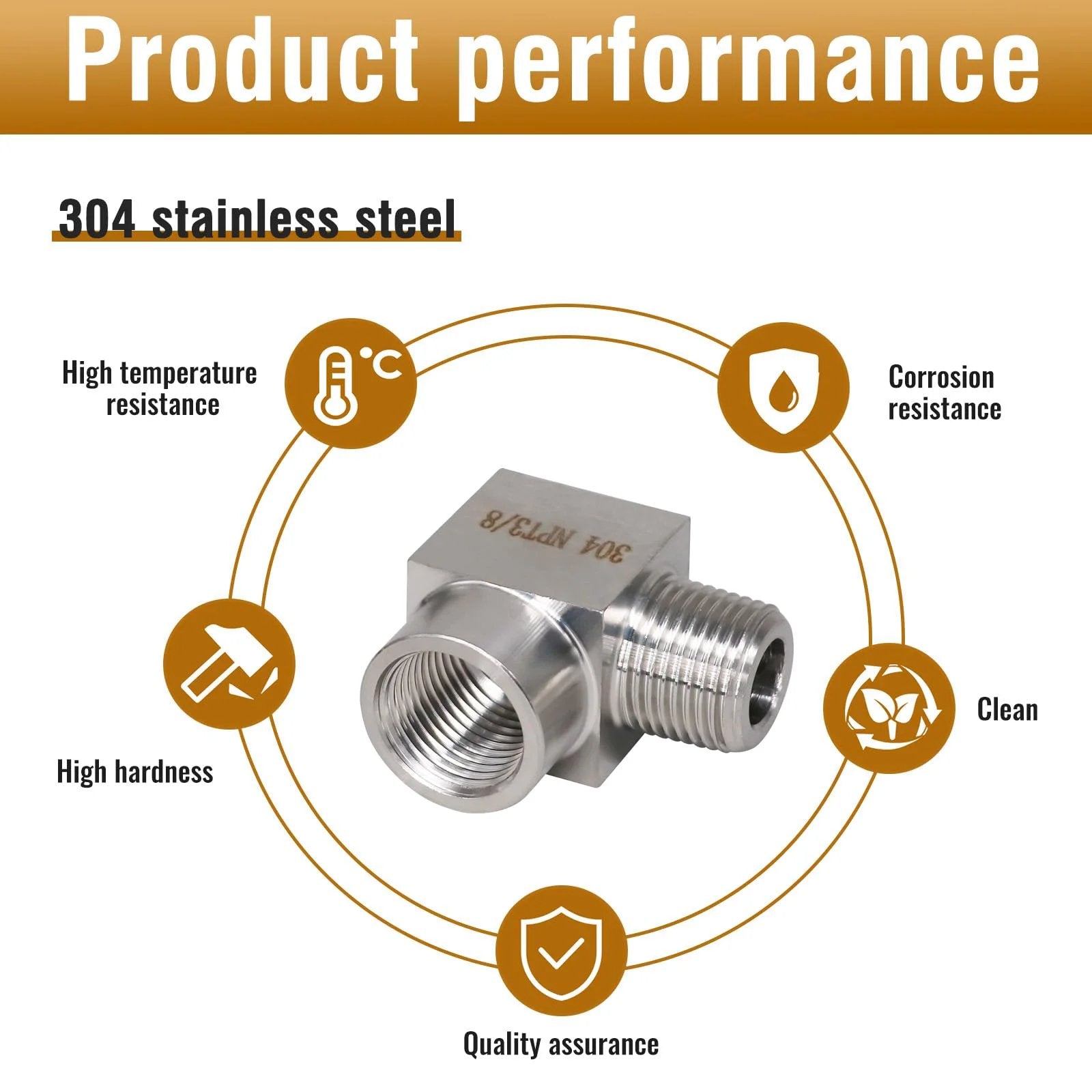 90 Degree NPT Elbow Pipe Fitting Three Eighths Male To Three Eighths Female Forged Stainless Steel Street Elbow with performance features displayed.