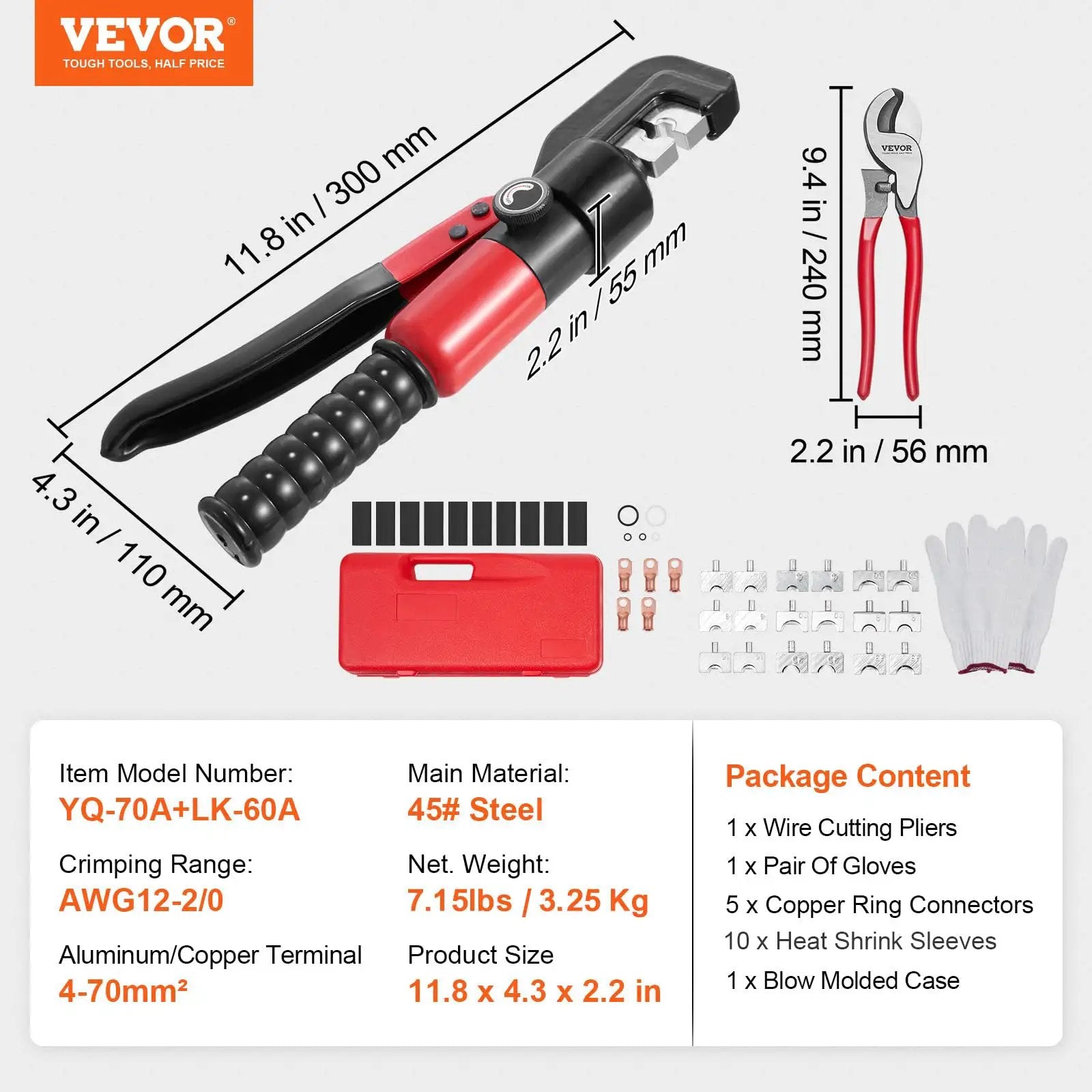 Heavy-Duty Hydraulic Crimping Tool Kit for AWG 12 to 2/0 Copper and Aluminum Terminals, Battery Lug Crimper With 6-Ton Pump