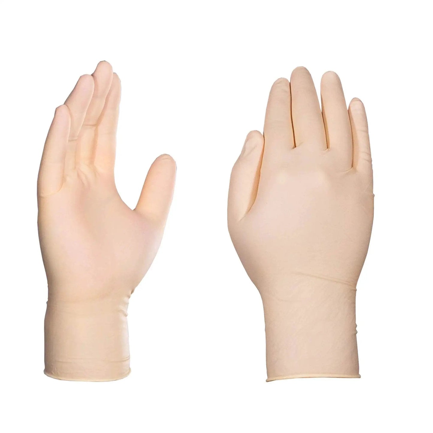 Two hands wearing industrial grade latex disposable gloves 8 mil powder free double chlorinated case of 1000.
