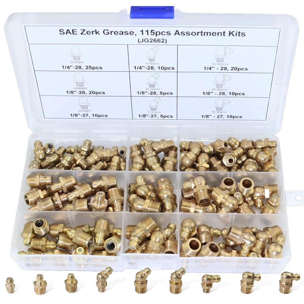 115 Piece SAE Brass Zerk Fitting Assortment Kit for Hydraulic Grease Straight One Quarter Inch Twenty Eight Threads One Eighth Inch and Forty Five Degree and Ninety Degree Angled Zerk Set Heavy Duty Brass Bronze Construction Plastic Case Included
