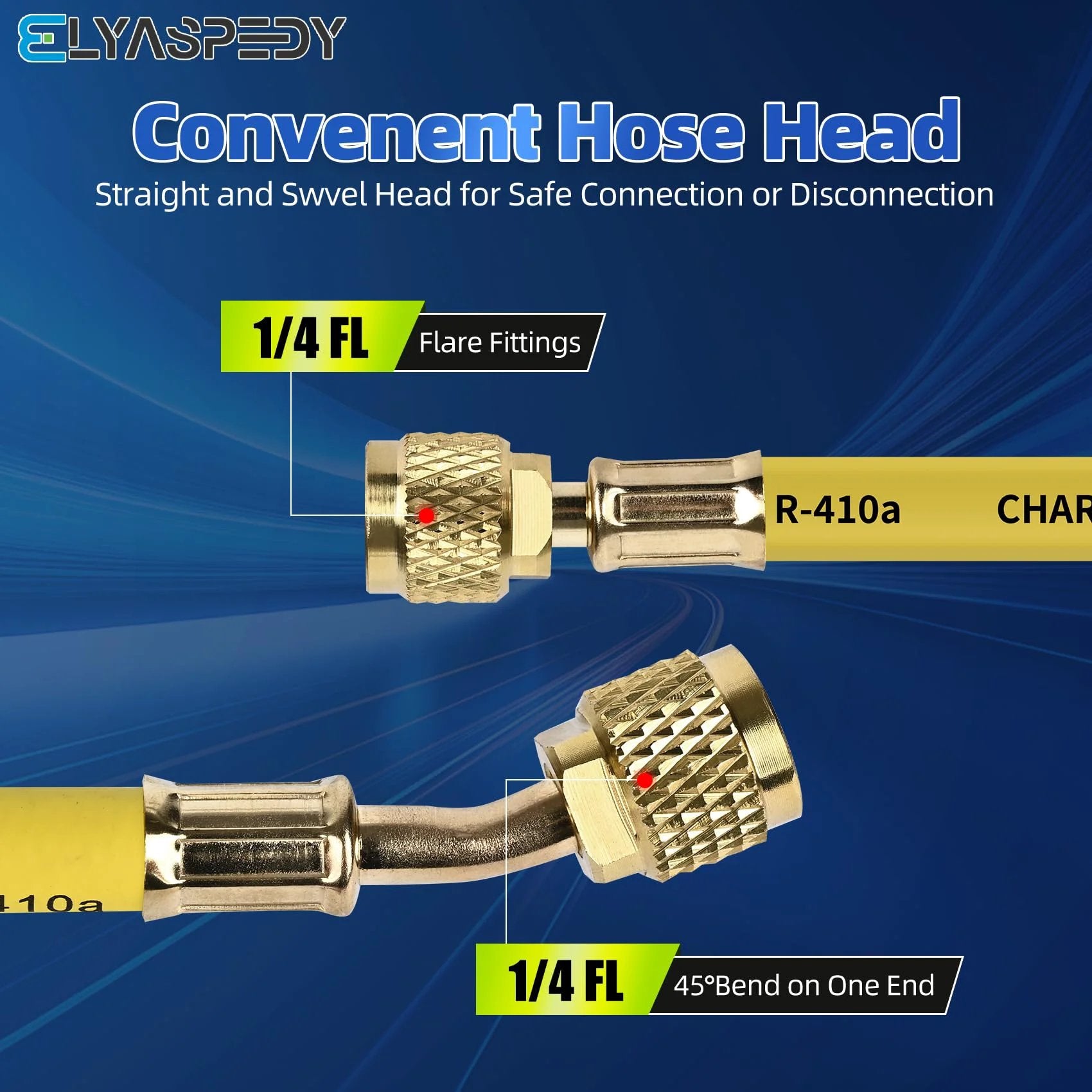 Pro Grade 72 Inch Low Loss Vacuum Certified Manifold Hose Set For R410A And All Common Refrigerants 800 PSI Working Pressure Quarter Inch Flare To Quarter Inch Flare Pack Of 3 Heavy Duty HVAC Kit featuring close-up on hose ends with 1/4 inch flare fittings.
