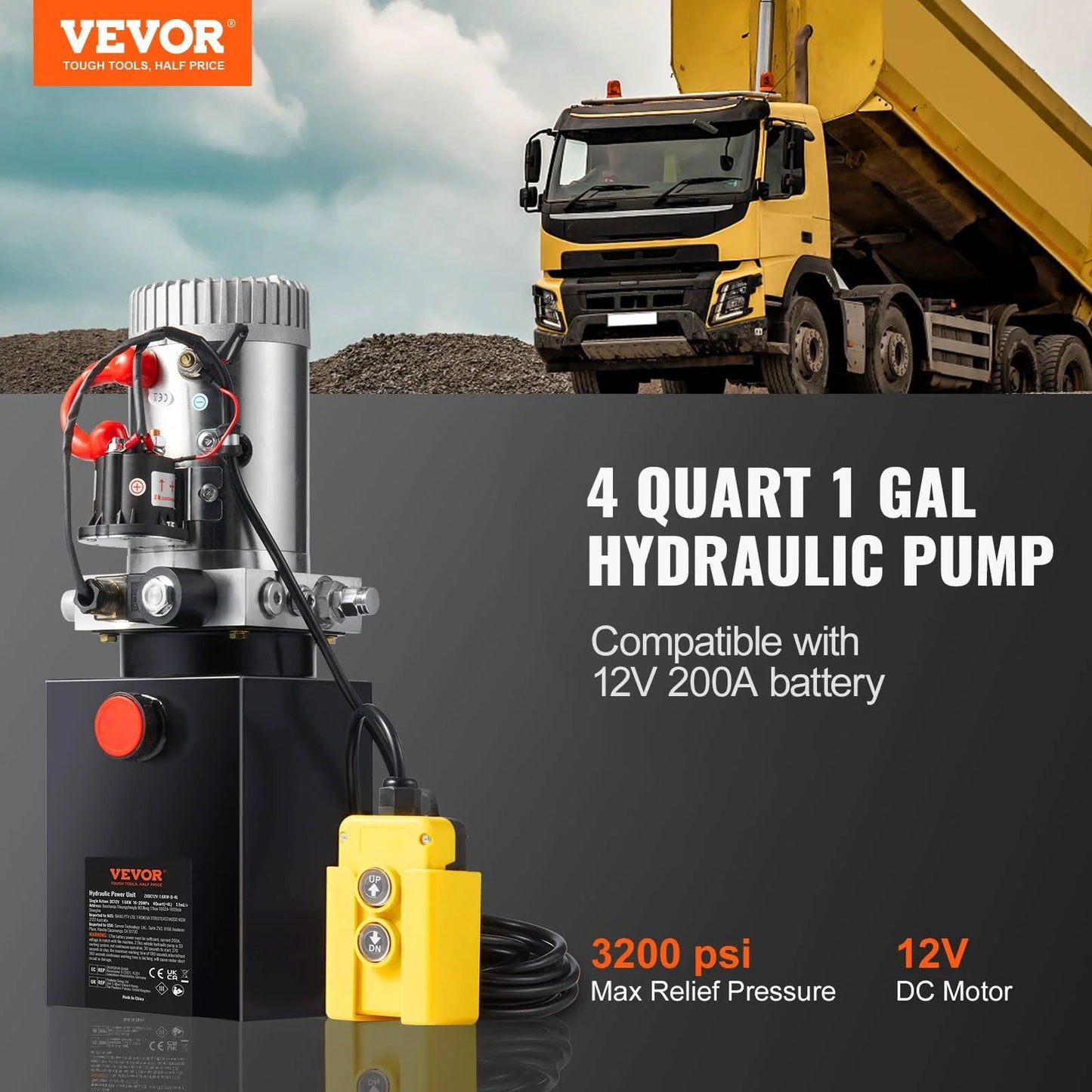 Heavy Duty 12V Hydraulic Pump Power Unit For Dump Trailers With A Four Quart Tank 0.91 GPM Flow 3200 PSI Max Pressure