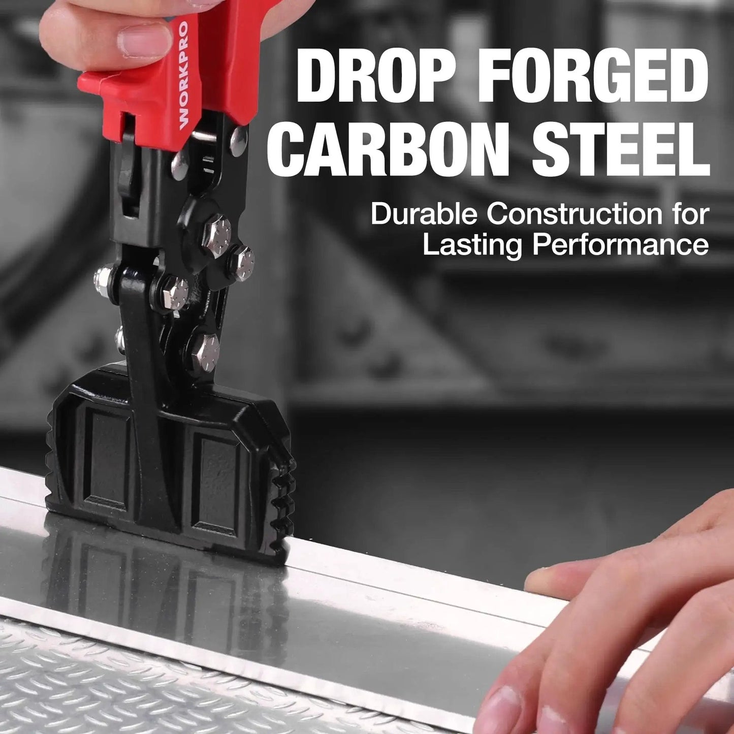 Heavy Duty 3 Inch Sheet Metal Bender And Hand Seamer Tool With Ergonomic Handle And Smooth Jaw shown in use on metal sheet