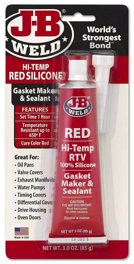 High Temp Red RTV Silicone Gasket Maker And Sealant For Cars, Trucks And Machines, Withstand Up To 550 F Continuous Or 650 F Intermittent, 3 Oz Tube, J-B Weld 31314 Great For Gaskets In Engines And Exhausts, Seals Under Vibration.