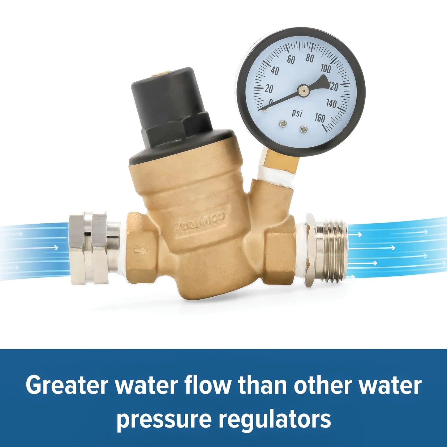 Adjustable Brass Water Pressure Regulator for RV and Marine Use With Standard Garden Hose Threads for Easy Hookup Helps Prevent Damage to Appliances Plumbing Fixtures and Hoses Camco 40058 shown with pressure gauge