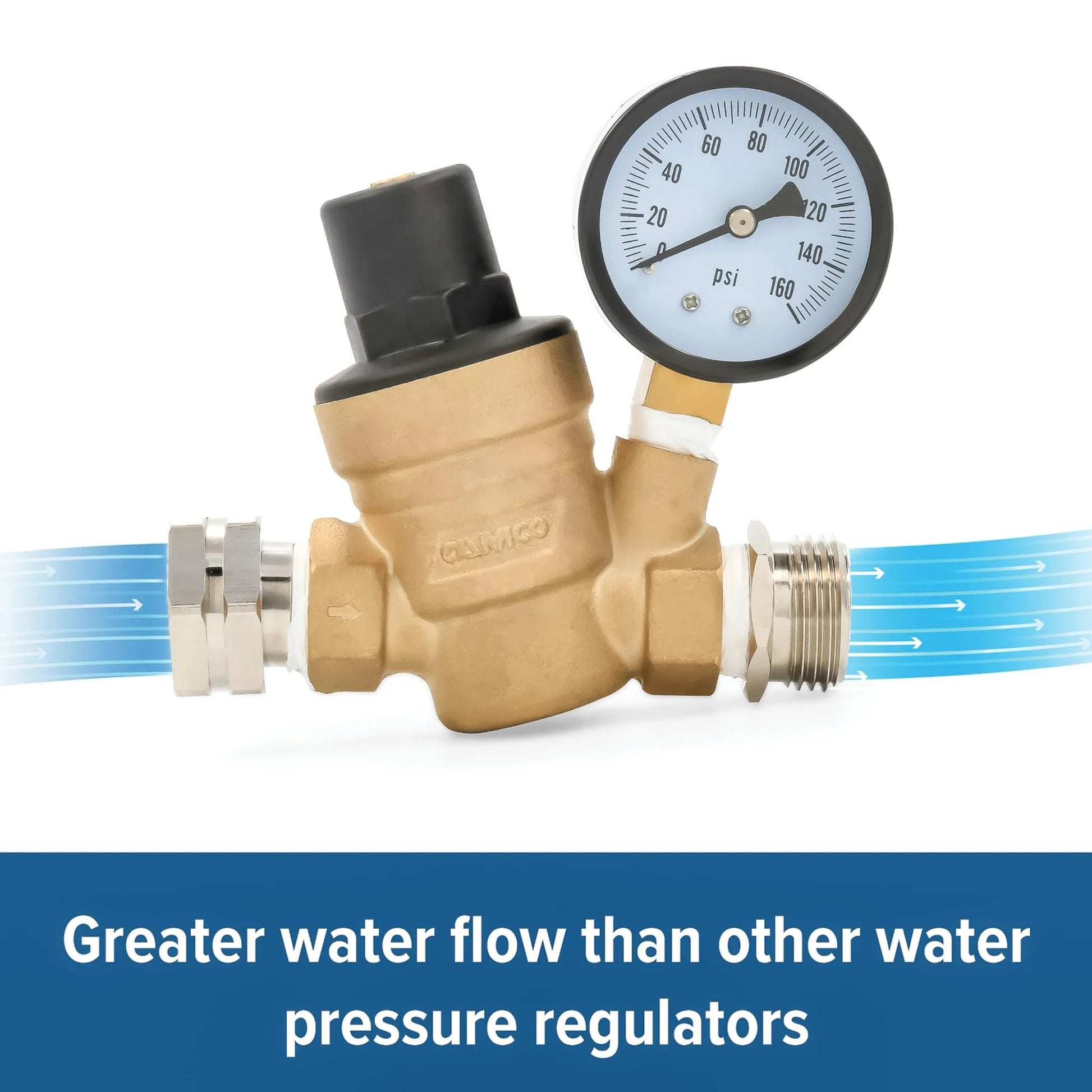 Adjustable Brass Water Pressure Regulator for RV and Marine Use With Standard Garden Hose Threads for Easy Hookup Helps Prevent Damage to Appliances Plumbing Fixtures and Hoses Camco 40058 shown with pressure gauge