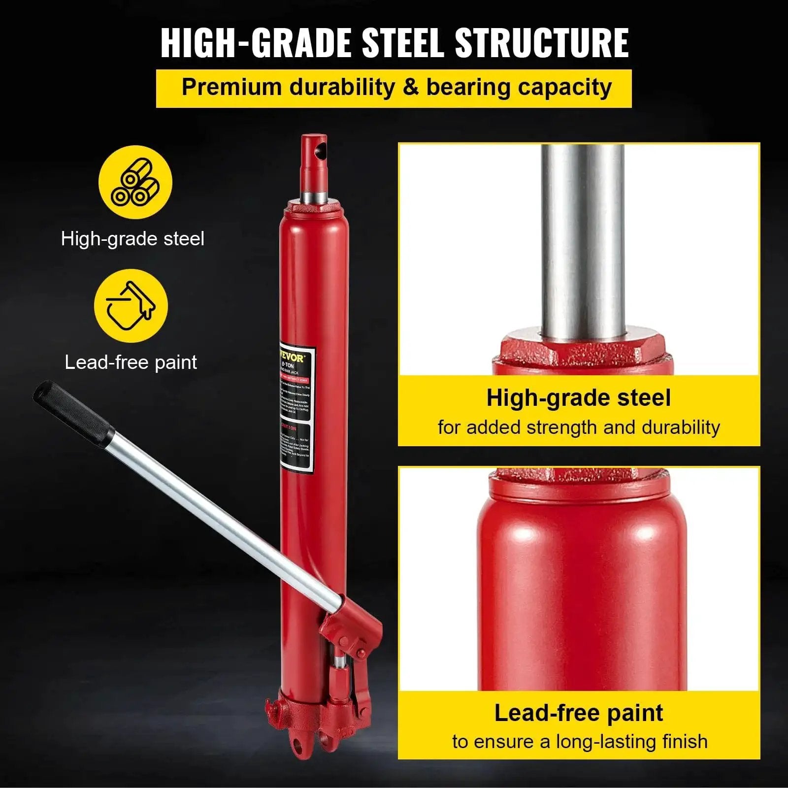 High-grade steel 8 Ton Hydraulic Long Ram Jack with Clevis Base for Engine Hoists and Cranes, red with lead-free paint.