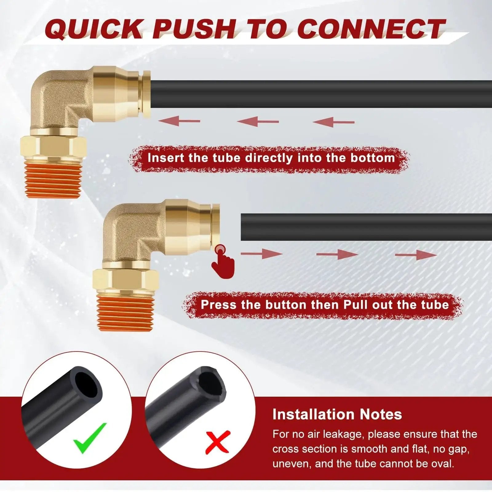 Illustration showing Brass Push To Connect 90 Deg Elbow Fittings 1/4 In OD To NPT DOT Approved 2 Pack with tube installation.
