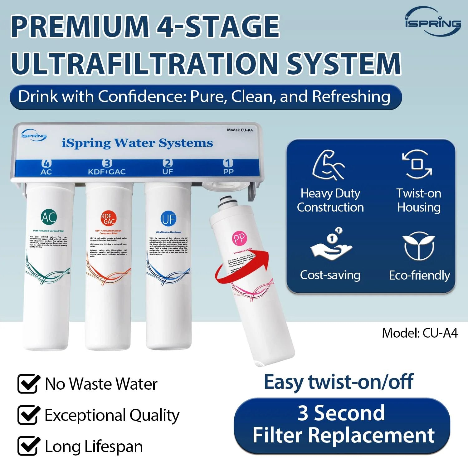 Front view of Under Sink Ultra Filtration System With 0.01 Micron UF 4 Stage Tankless High Capacity Removes Up To 99.99 Percent Contaminants No RO Drama Easy Change Filters Brushed Nickel Faucet Included White Finish iSpring.