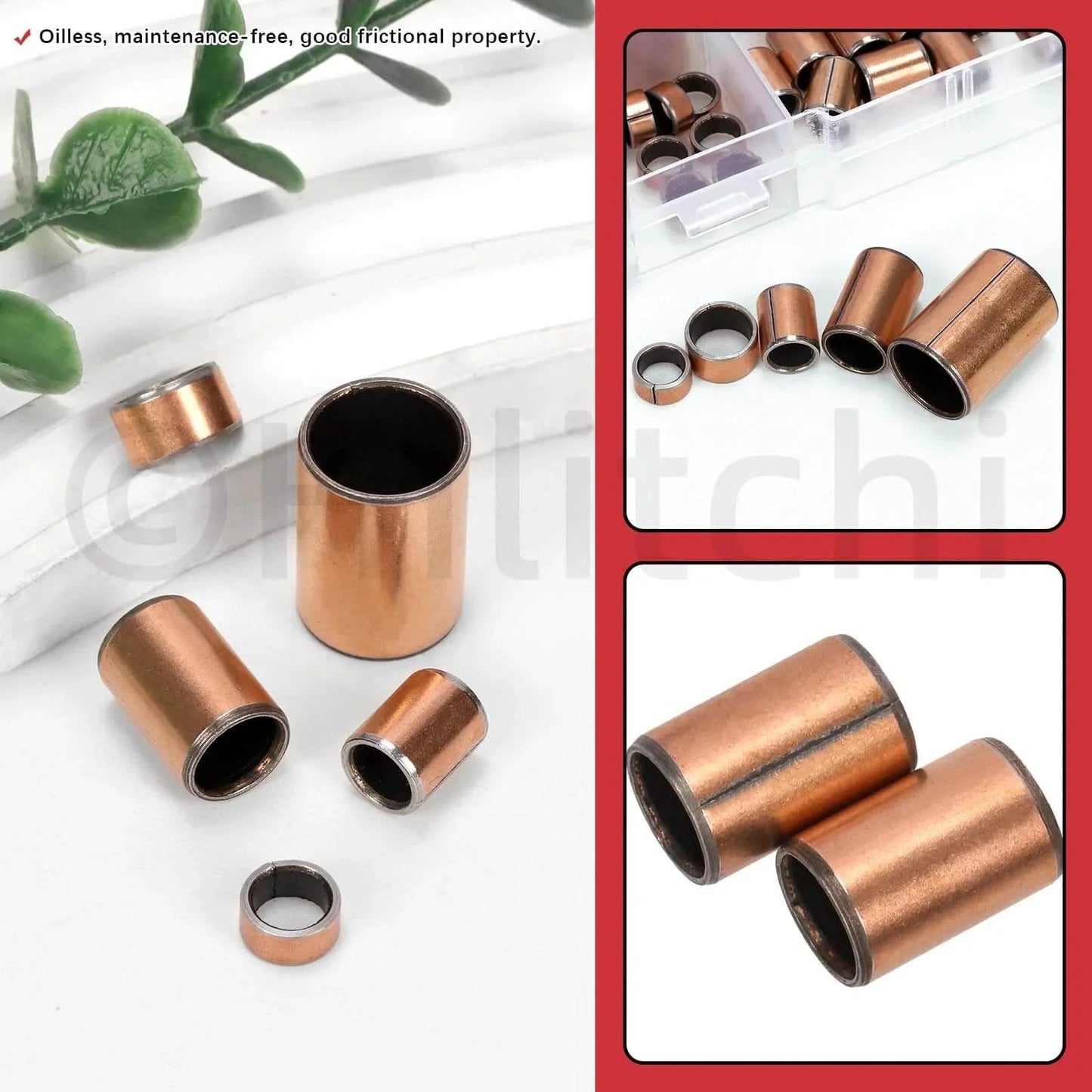 50 Pack Sleeve Bearings Set Five Sizes Oil Free Self Lubricating Sintered Bronze Bushings with Storage Box