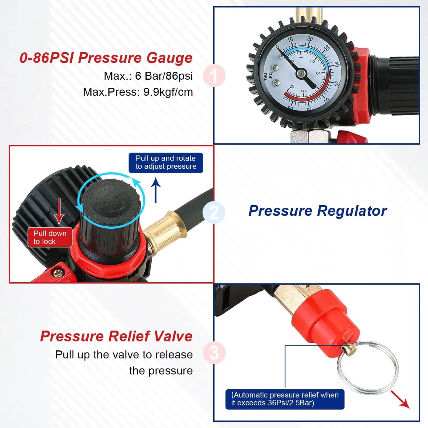 Close-up of Pro Grade Turbo System Leak Tester Kit pressure gauge, regulator, and relief valve for precise leak detection NYXOVA