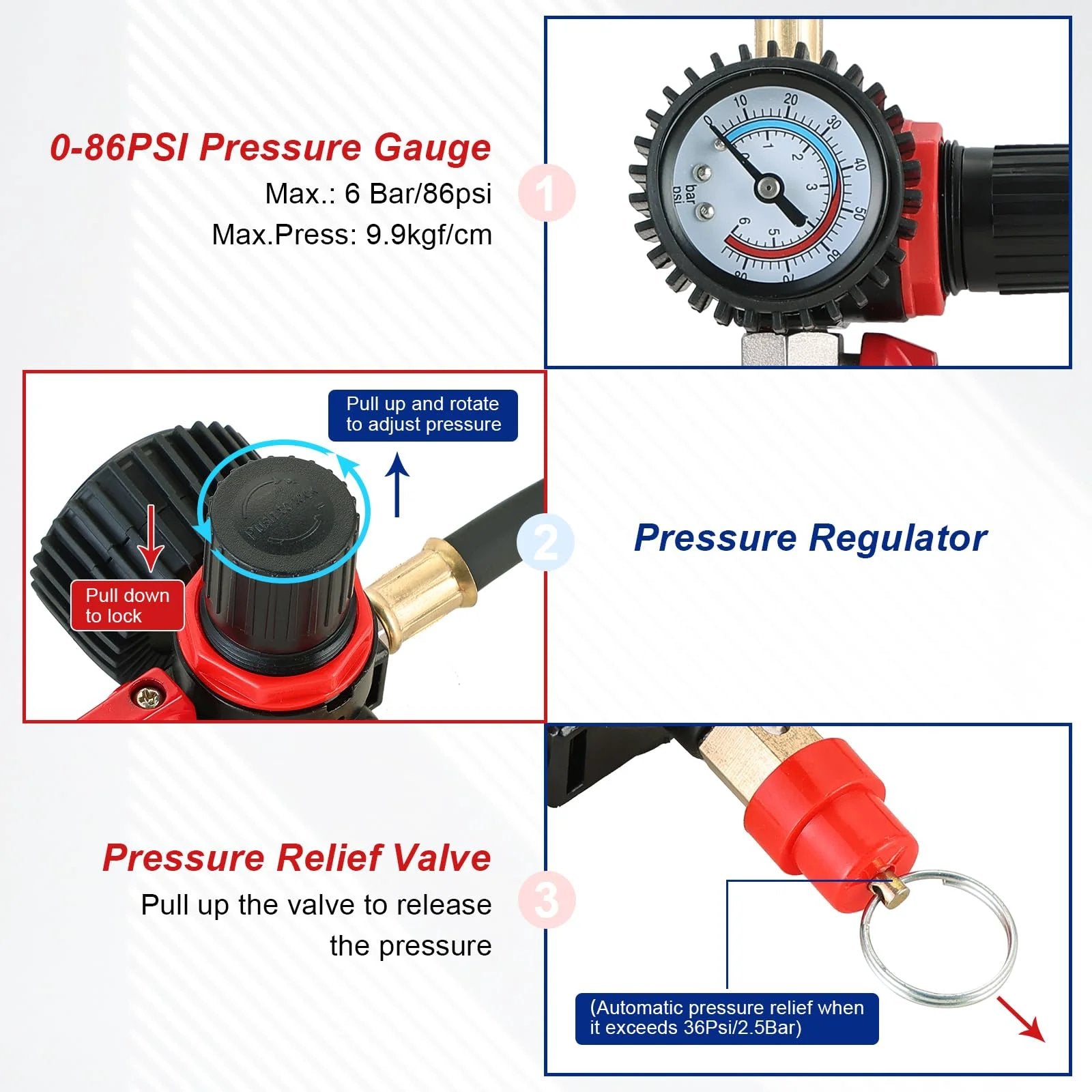 Close-up of Pro Grade Turbo System Leak Tester Kit pressure gauge, regulator, and relief valve for precise leak detection NYXOVA
