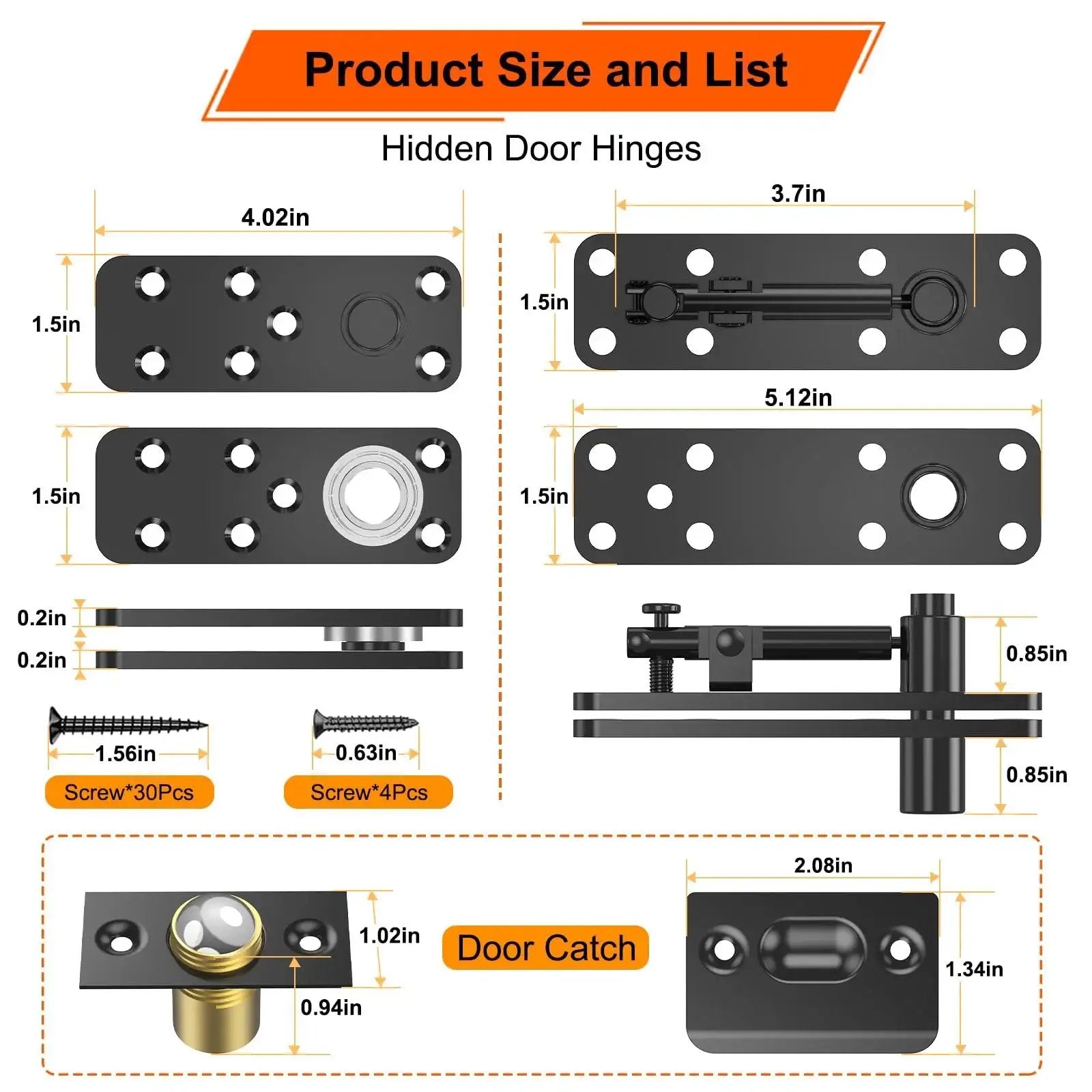 Hidden Door Hinge Beefy 570 Lbs Load Bearing 360 Degree Pivot For Secret Doors Bookcase Murphy Doors Concealed Swing Hinge thickened solid alloy steel with screws and ball catch on white background.