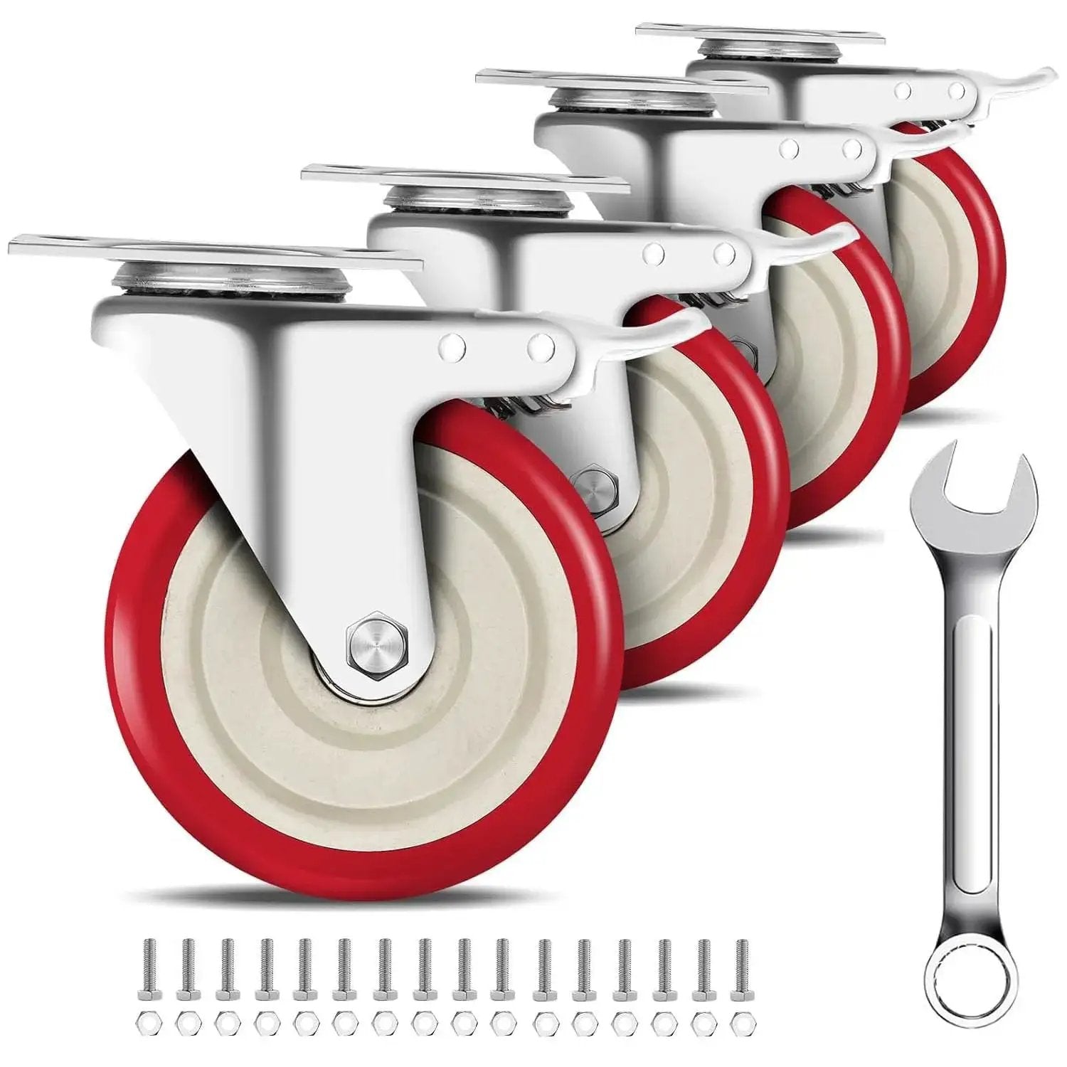 Heavy Duty 5 Inch Swivel Caster Wheels Set Of 4 With Dual Locking Brakes Silent Polyurethane Wheels Plate Mounted Bearings 360 Degree Rotation Industrial Grade Construction 2800 Lbs Load Capacity.
