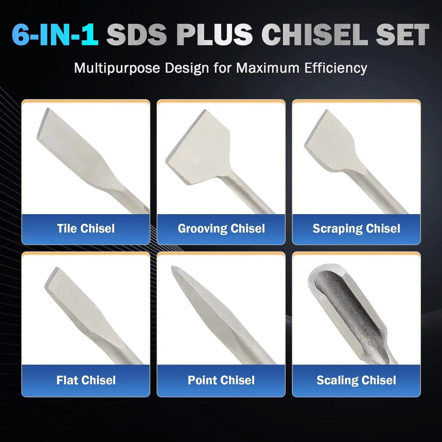 All In One 6 Piece SDS Plus Chisel Set For Tile Concrete And Masonry By Zelcan Includes Tile Grooving Scraping Flat Point And Scaling Chisels In 40Cr Steel