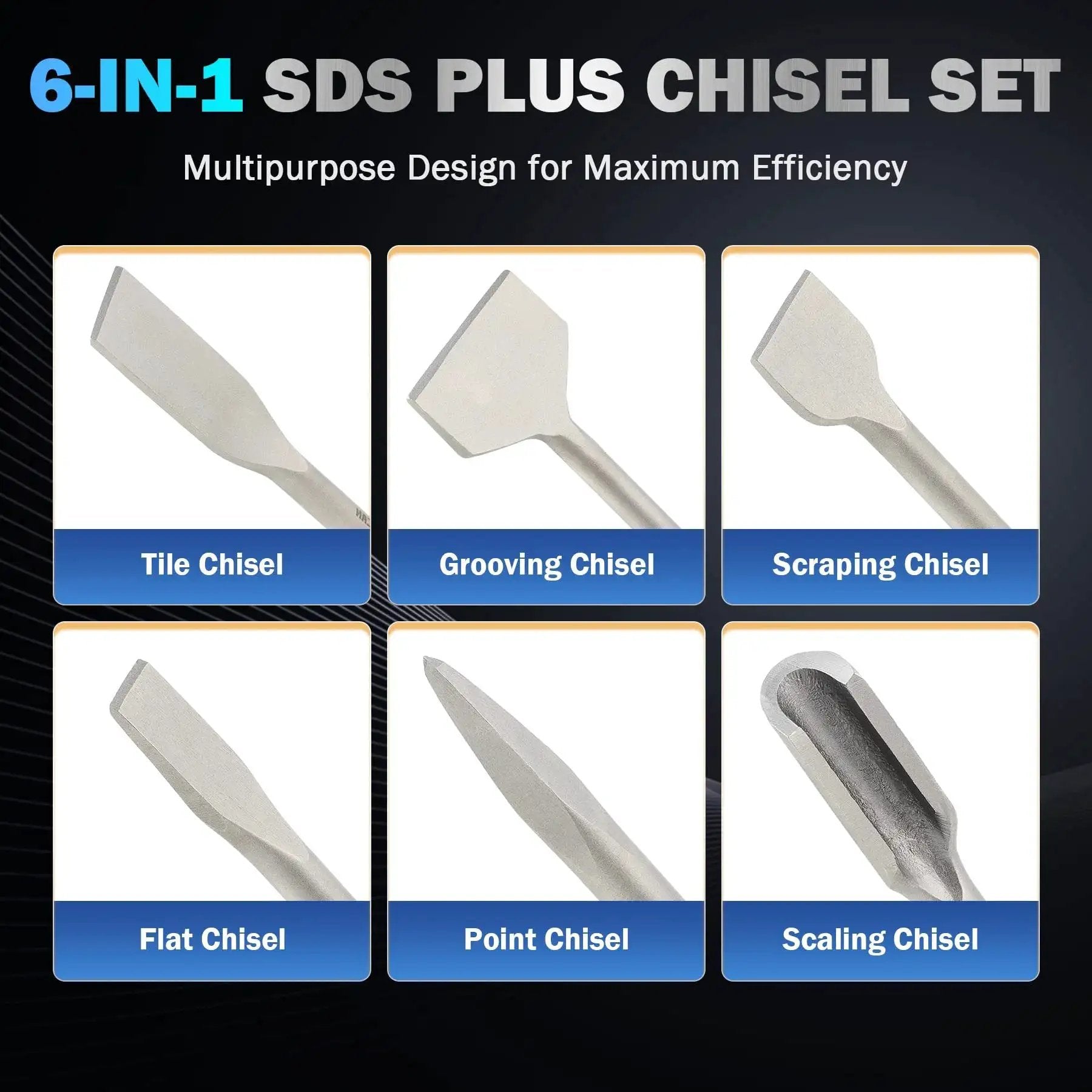 All In One 6 Piece SDS Plus Chisel Set For Tile Concrete And Masonry By Zelcan Includes Tile Grooving Scraping Flat Point And Scaling Chisels In 40Cr Steel
