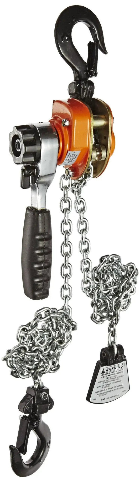 Mini Ratchet Lever Chain Hoist 550 Lb Capacity 5 Ft Lift Portable with hooks and plated chain, side view.