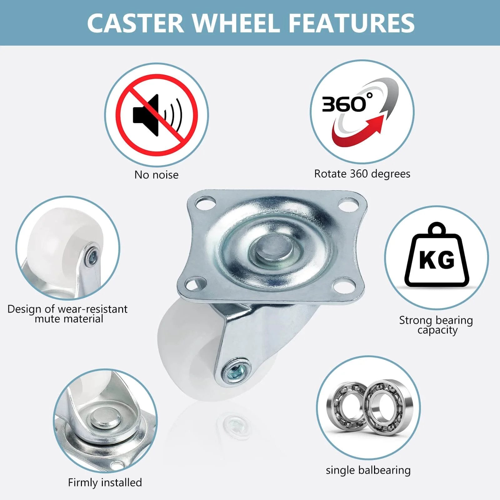1" Low Profile Caster Wheels Set of 4 - Quiet Polyurethane Casters for Furniture, 360° Swivel Plate Design, Each Holds 22 lbs, Smooth Rolling, No Noise.