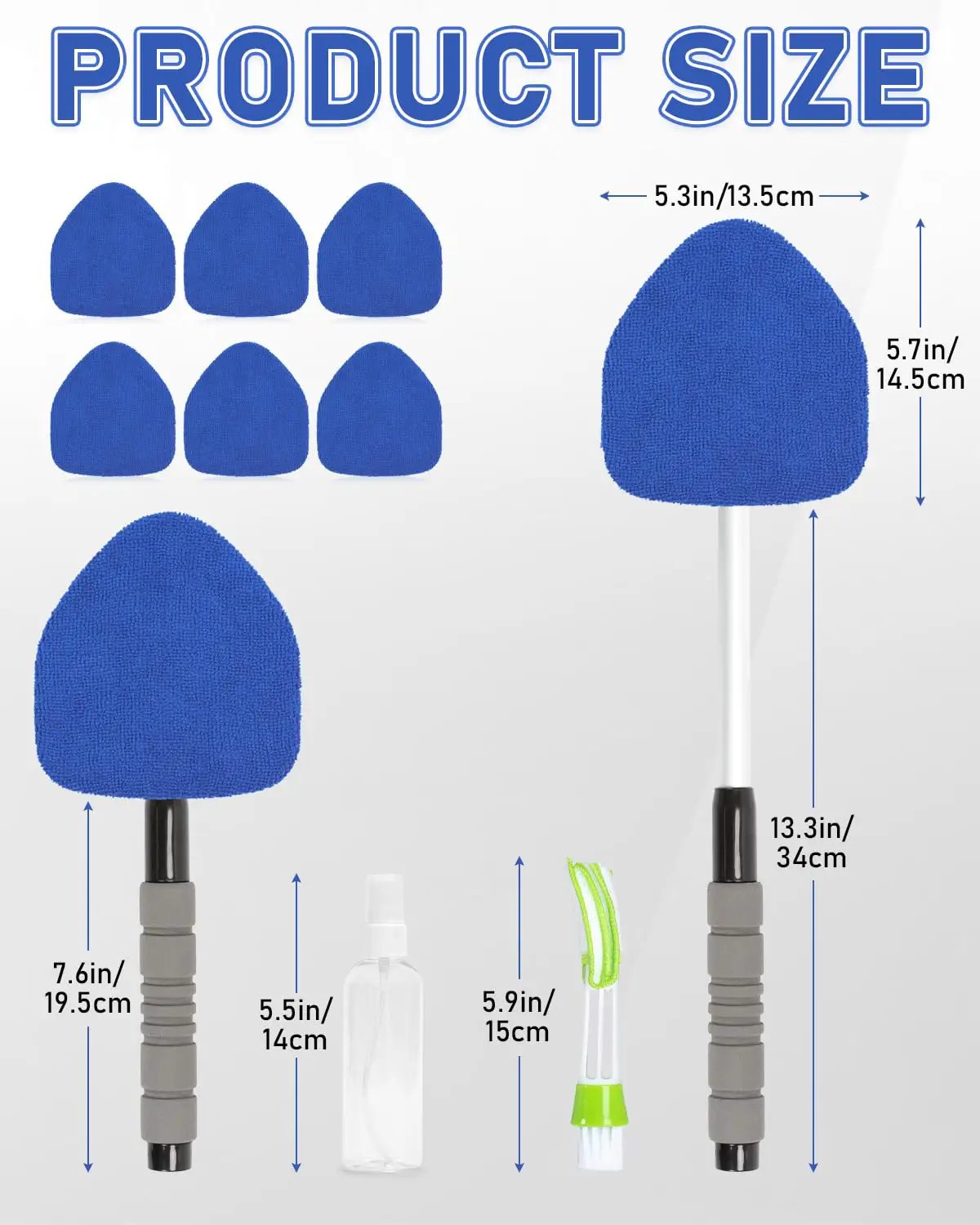 Expandable Car Window Cleaning Kit With Telescopic Handle Six Reusable Microfiber Pads Spray Bottle Vent Dust Brush Interior Dust Brush All In One No Mess Car Glass Cleaner Tool Blue product size illustration with dimensions.