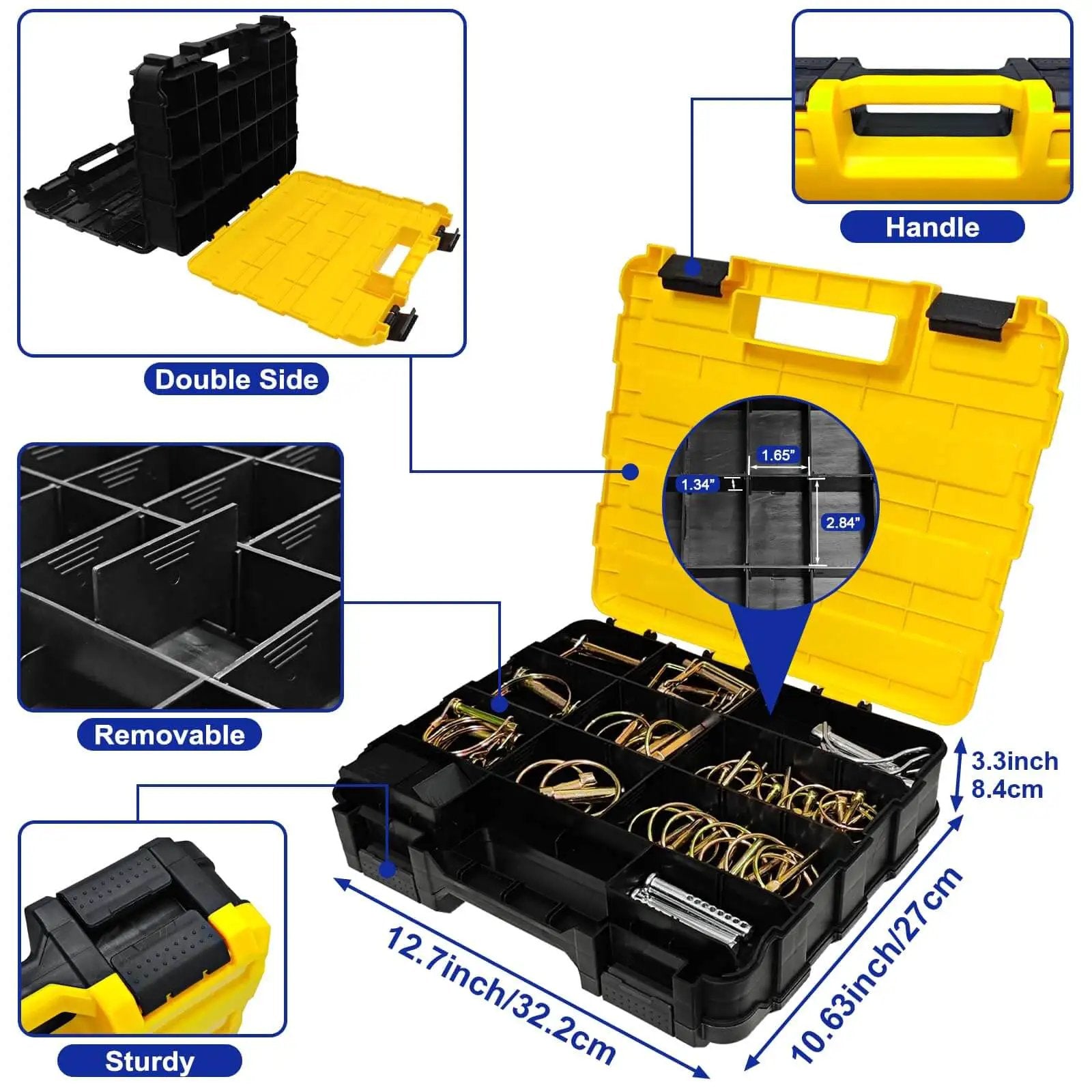 420 Piece Heavy Duty Pin Kit With Zinc Plated Carbon Steel Hitch Pins organized in a double-sided black and yellow case