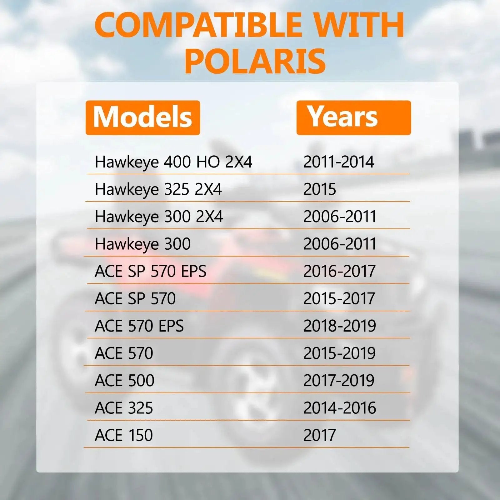 Chart showing compatibility of models and years for Polaris Hawkeye and ACE.