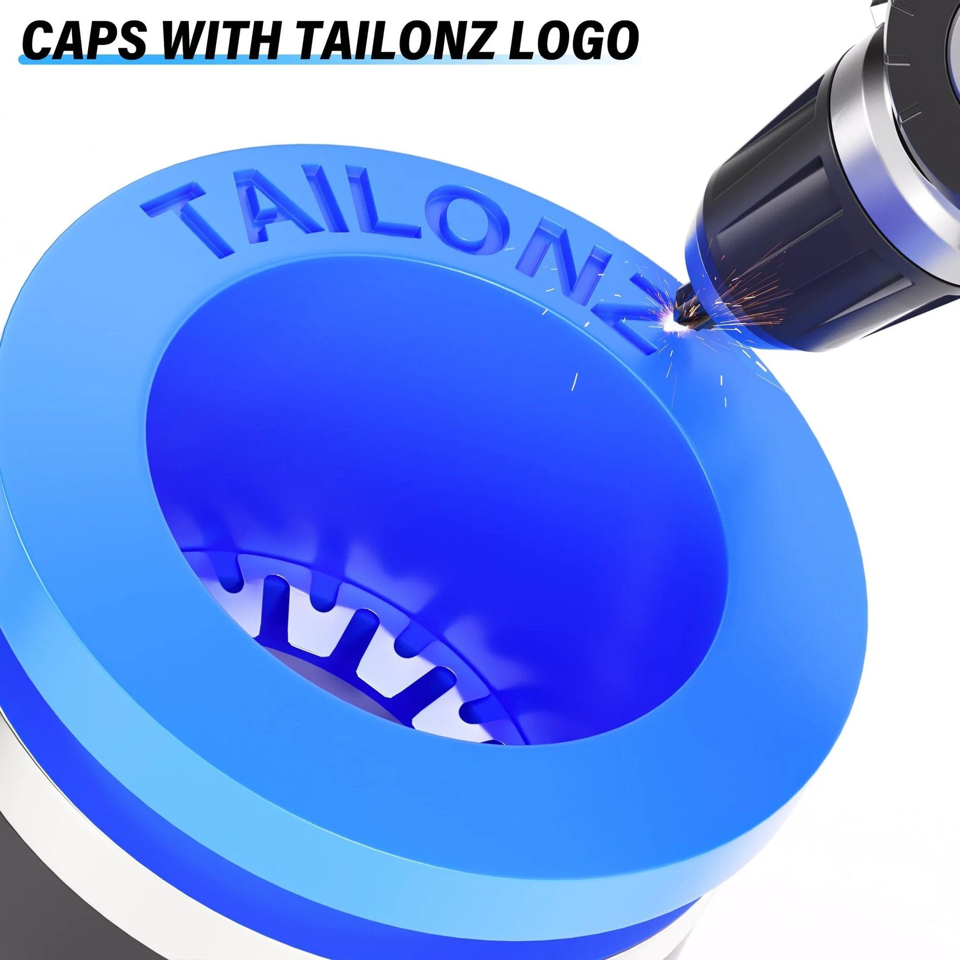Close-up of Tailonz logo on blue pneumatic straight push connector cap