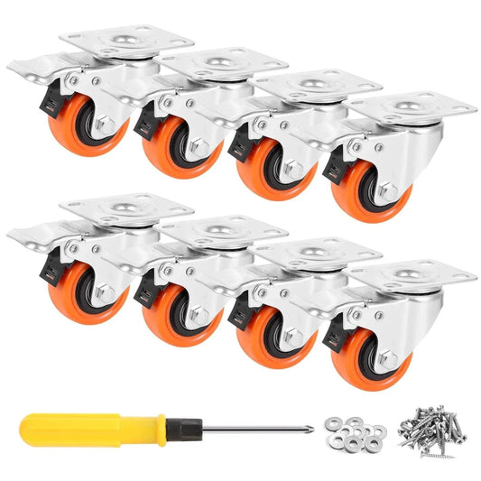 Heavy Duty 2 Inch Plate Caster Wheels Set Of 8 With Brakes 150 Lb Capacity Each Dual Locking Swivel Casters and installation kit