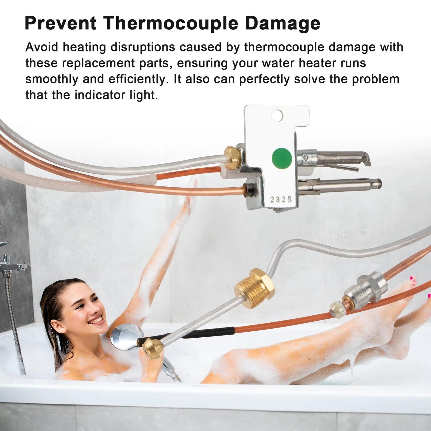 Pilot And Igniter Assembly Replacement Kit SP20075 SP20305A for natural gas water heater shown above relaxing woman in bath