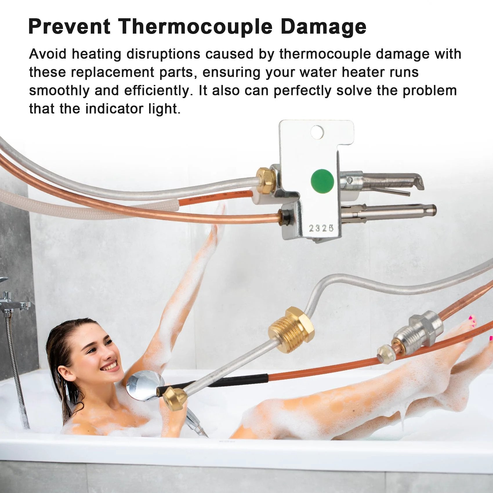 Pilot And Igniter Assembly Replacement Kit SP20075 SP20305A for natural gas water heater shown above relaxing woman in bath