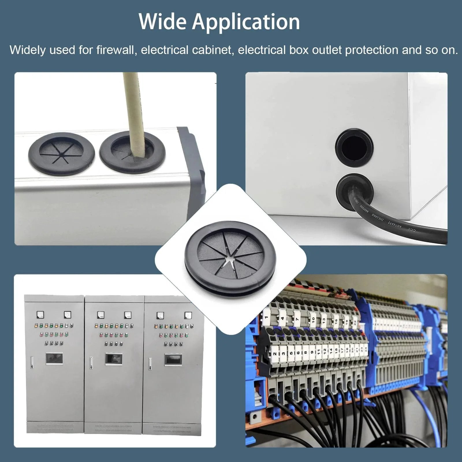 2 Inch Rubber Grommets for wiring protection, installed in electrical panels and enclosures, showing wide application and use in cabling.