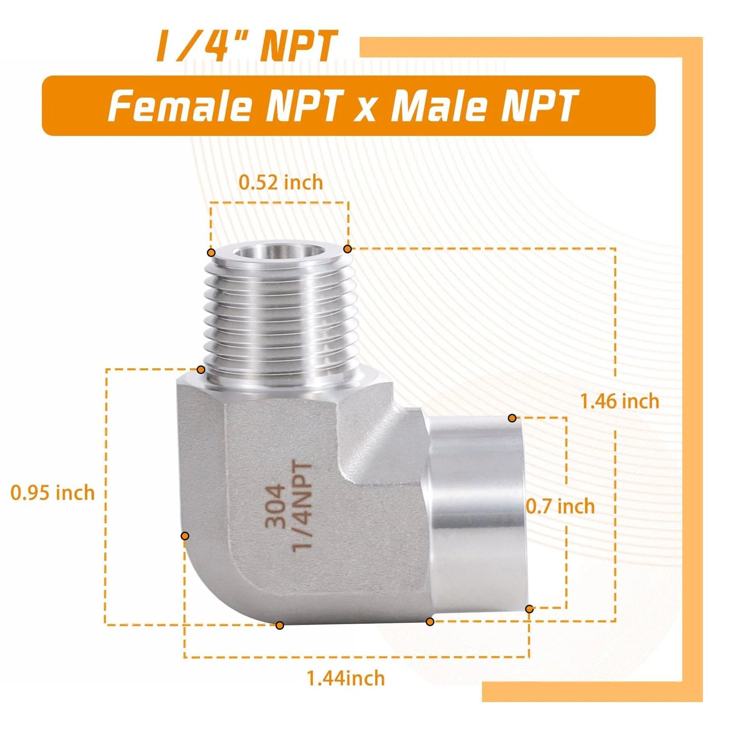 Image of Stainless Steel 90 Degree Pipe Fitting Elbow One Quarter Inch NPT Male To One Quarter Inch NPT Female Two Pack Forged Barstock, showing dimensions