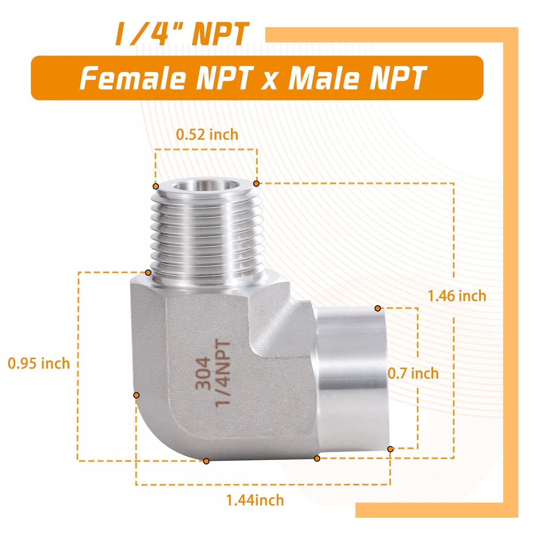 Image of Stainless Steel 90 Degree Pipe Fitting Elbow One Quarter Inch NPT Male To One Quarter Inch NPT Female Two Pack Forged Barstock, showing dimensions