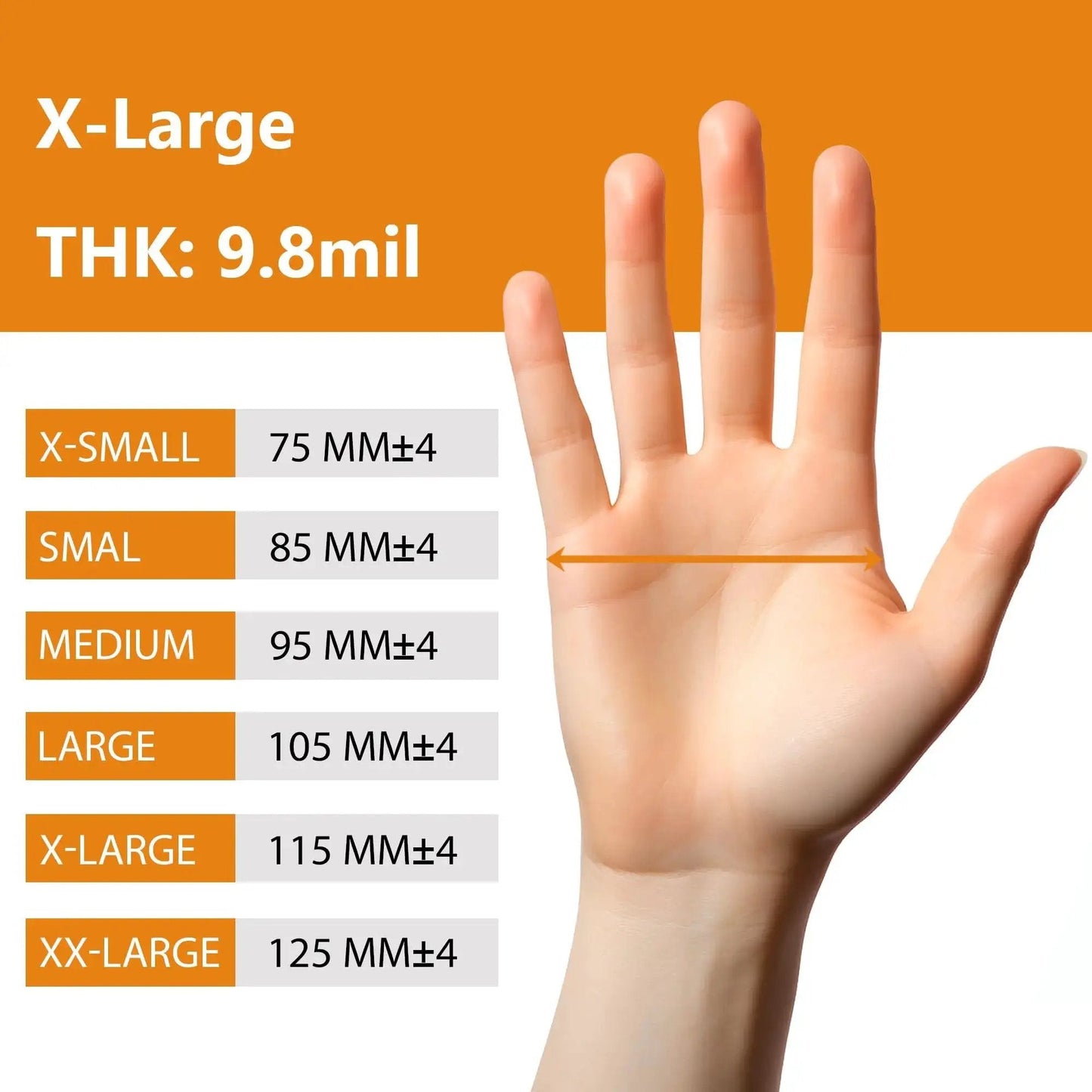 Hand size chart for Industrial Nitrile Gloves Heavy Duty Diamond Textured Orange XL 100 Count.