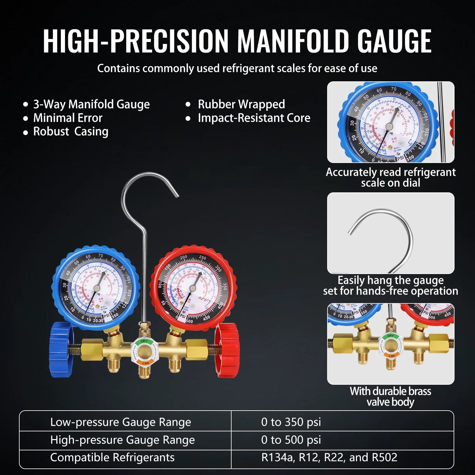 High-precision manifold gauge from HVAC Vacuum Pump And Gauge Kit With Four Point Five CFM One Third Horsepower For Mini Split And Auto Systems Includes Three Hoses R134a Can Tap R134a R12 R22 R502 Compatibility And Two R410a Adapters Plus Upgraded Trifold Storage Case