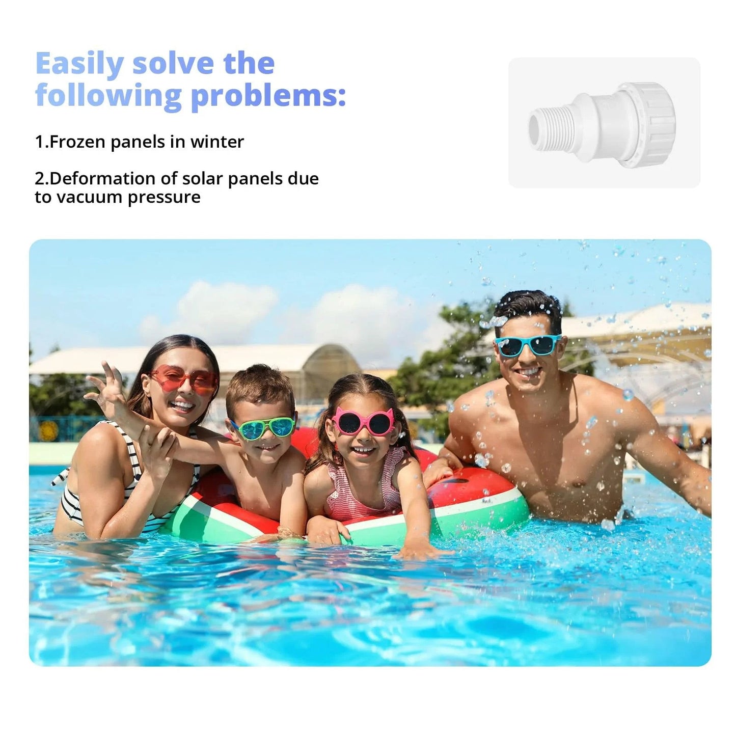 Family enjoying a pool with an inset image of a three quarter inch PVC vacuum relief valve for pool solar panels plug and play replacement part compatible with Heliocol and Sunstar heating systems white easy install low maintenance.