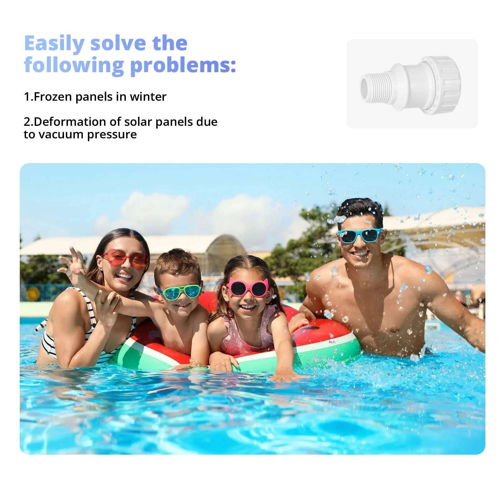 Family enjoying a pool with an inset image of a three quarter inch PVC vacuum relief valve for pool solar panels plug and play replacement part compatible with Heliocol and Sunstar heating systems white easy install low maintenance.
