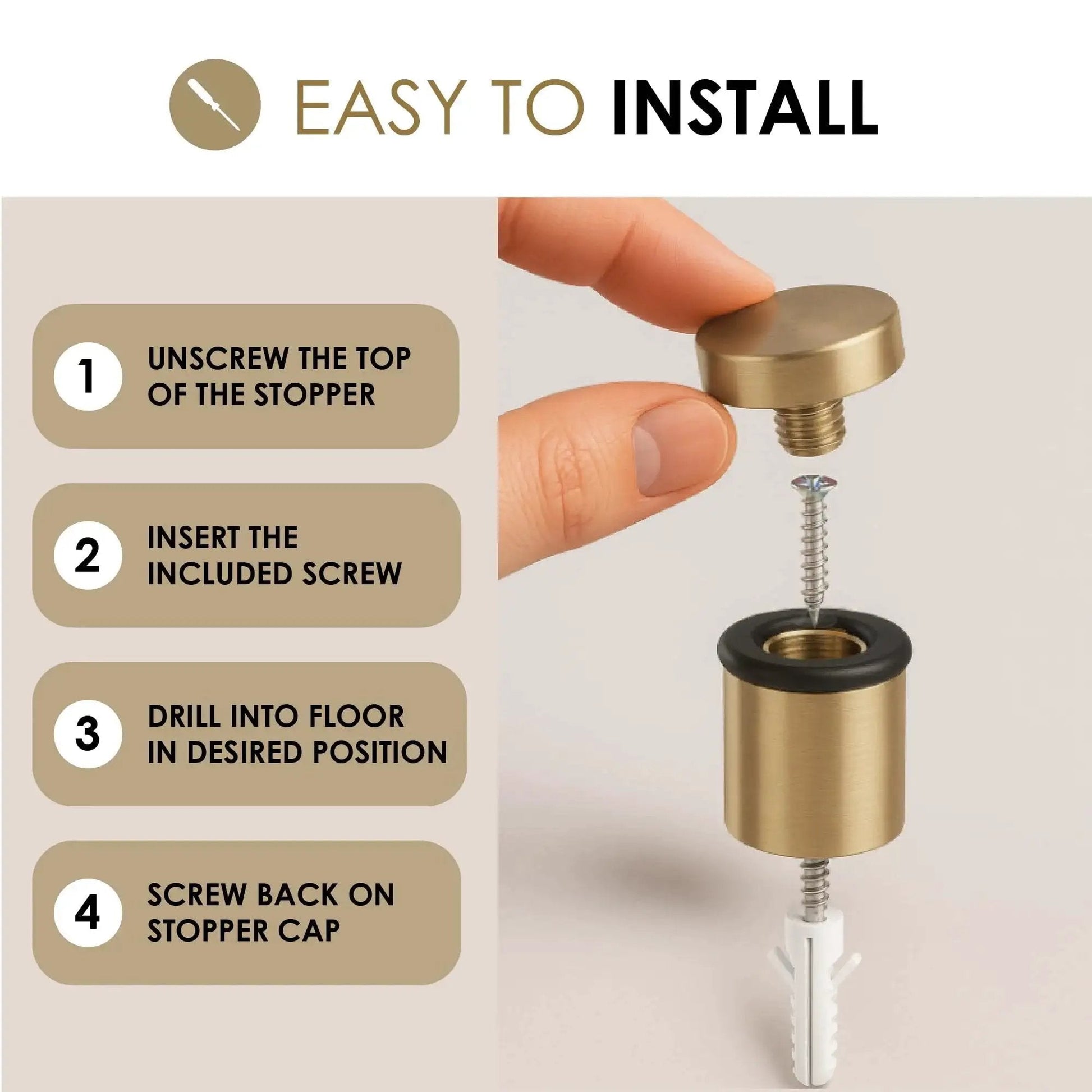 Installation steps for floor door stopper with mounting hardware included, showing assembly of satin brass stopper and screw.
