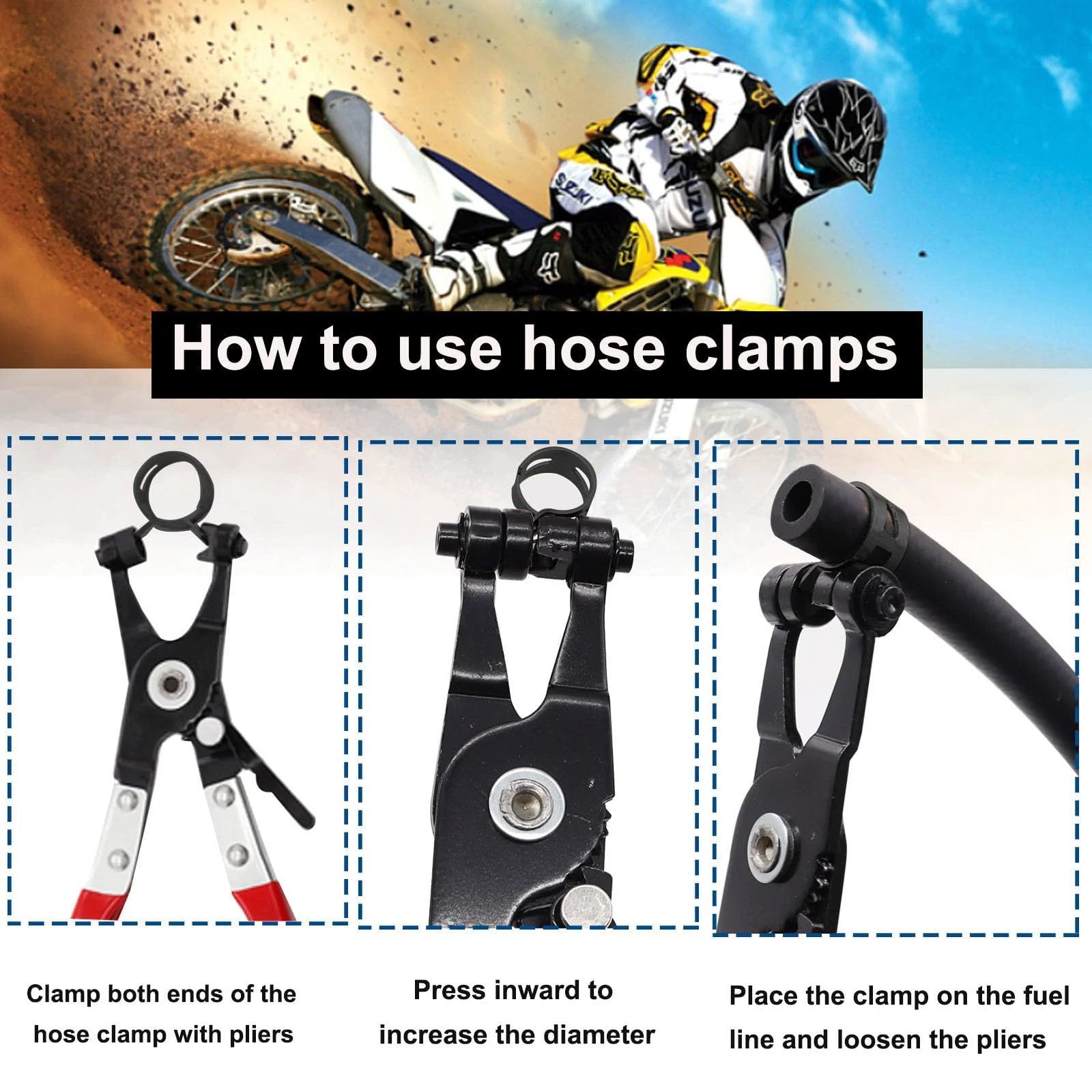 80 Pcs Silicone Vacuum Hose Clamps Set Spring Band Hose Clamps For Low Pressure Air Lines With Diameters 7mm 9mm 10mm 11mm 14mm 15mm 16mm 18mm Durable 65Mn Steel And Included Plastic Storage Box usage demonstration with pliers and fuel line.