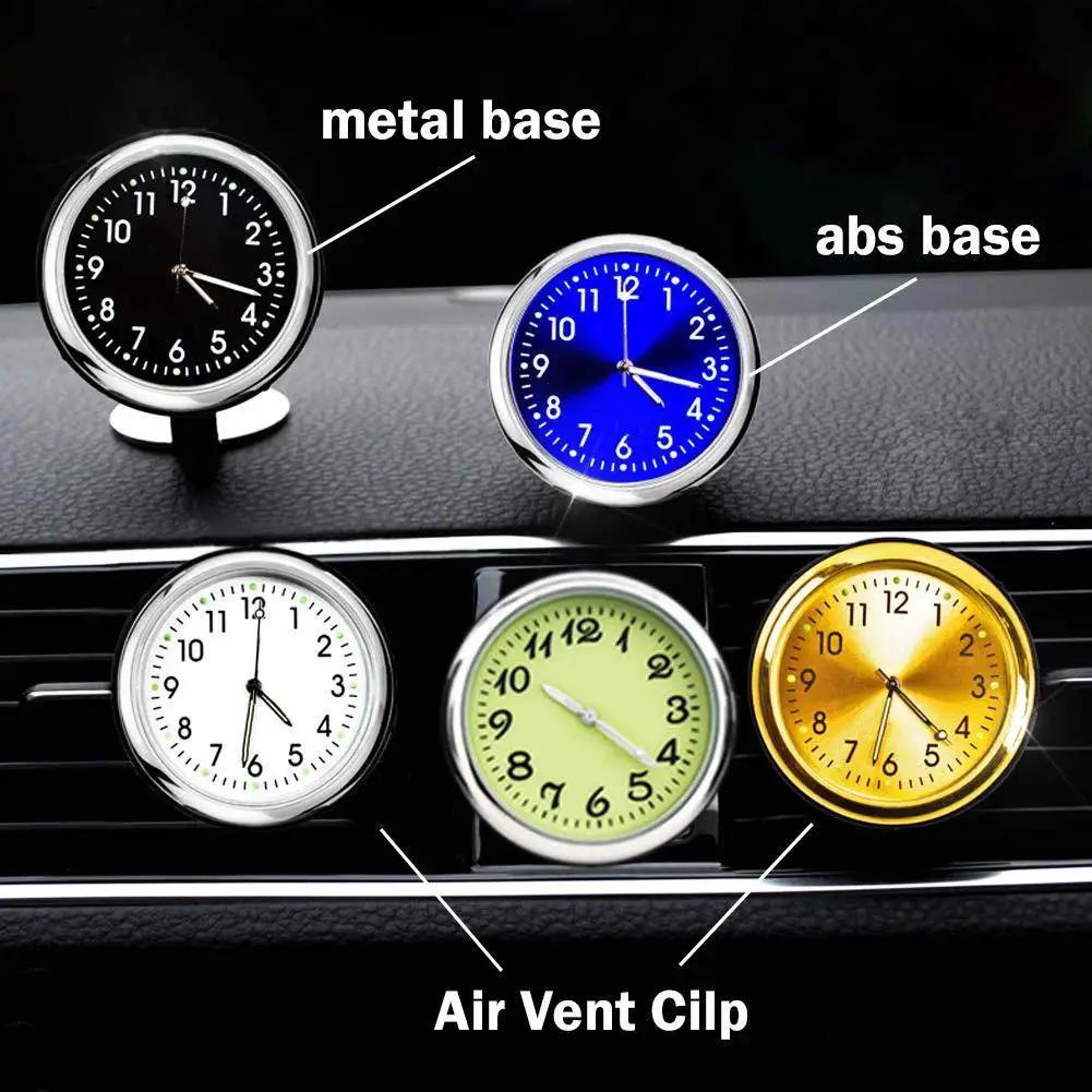 Mini Car Dashboard Thermometer Clip For Air Vent With Night Glow in black, blue, white, green, and yellow on car vent and surface.