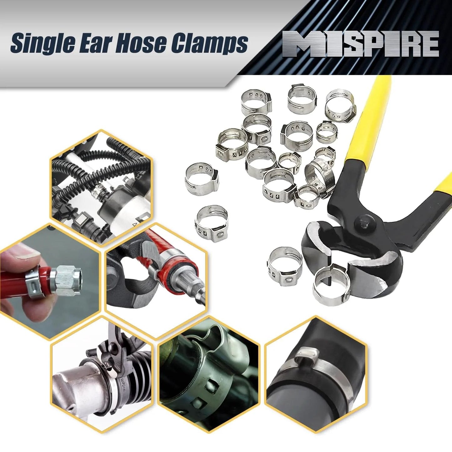 Heavy Duty 10.3-11.8mm Single Ear Crimp Hose Clamps Set, 100-Pack, 304 Stainless Steel, Stepless Hose Clamp for Automotive