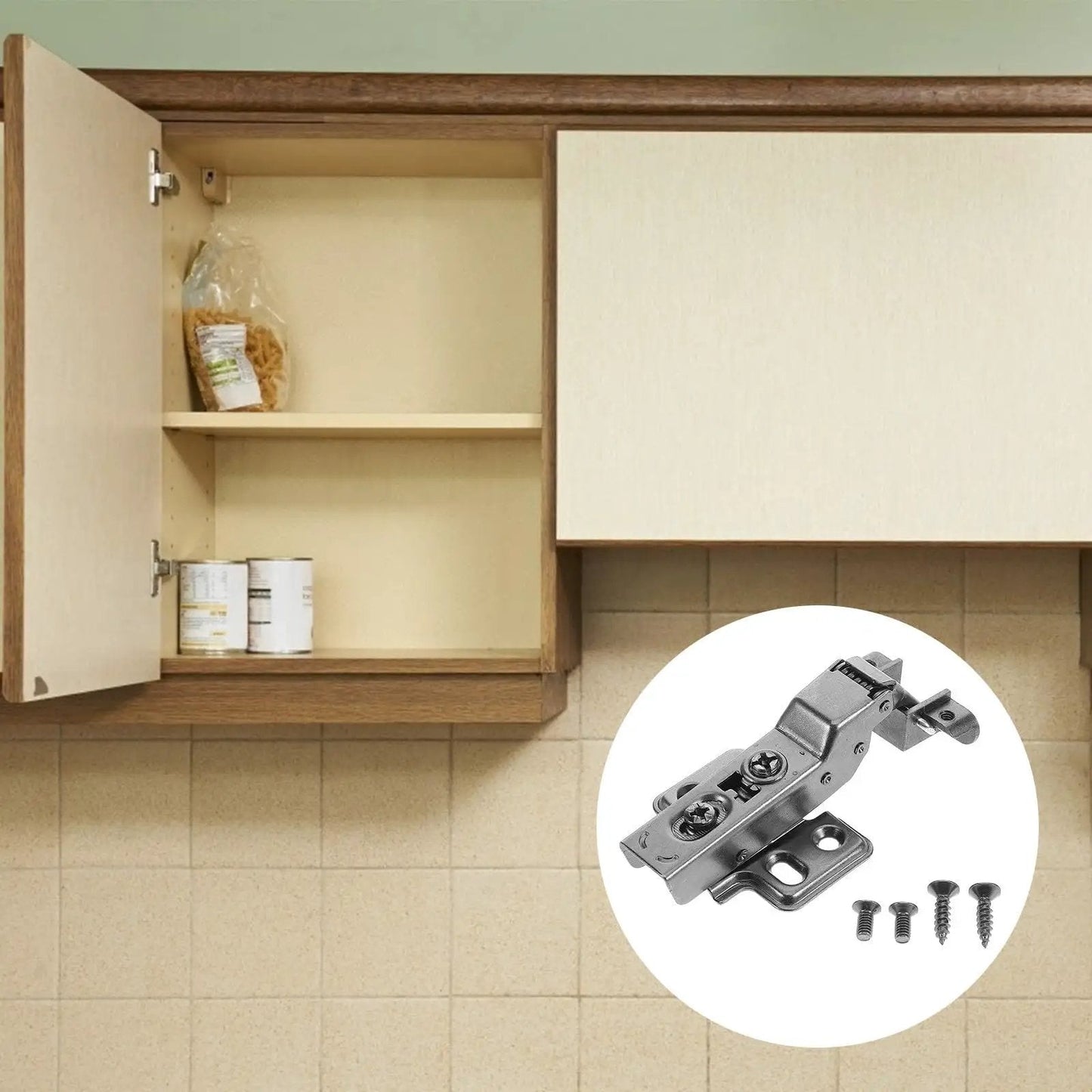 4 Pack Black Hydraulic Aluminum Frame Cabinet Hinges With No Slam Soft Close For Glass Doors And European Concealed Corner Cabinets In Kitchen And Wardrobe Smooth Silent Stainless Steel Hardware shown with open kitchen cabinet and screws.