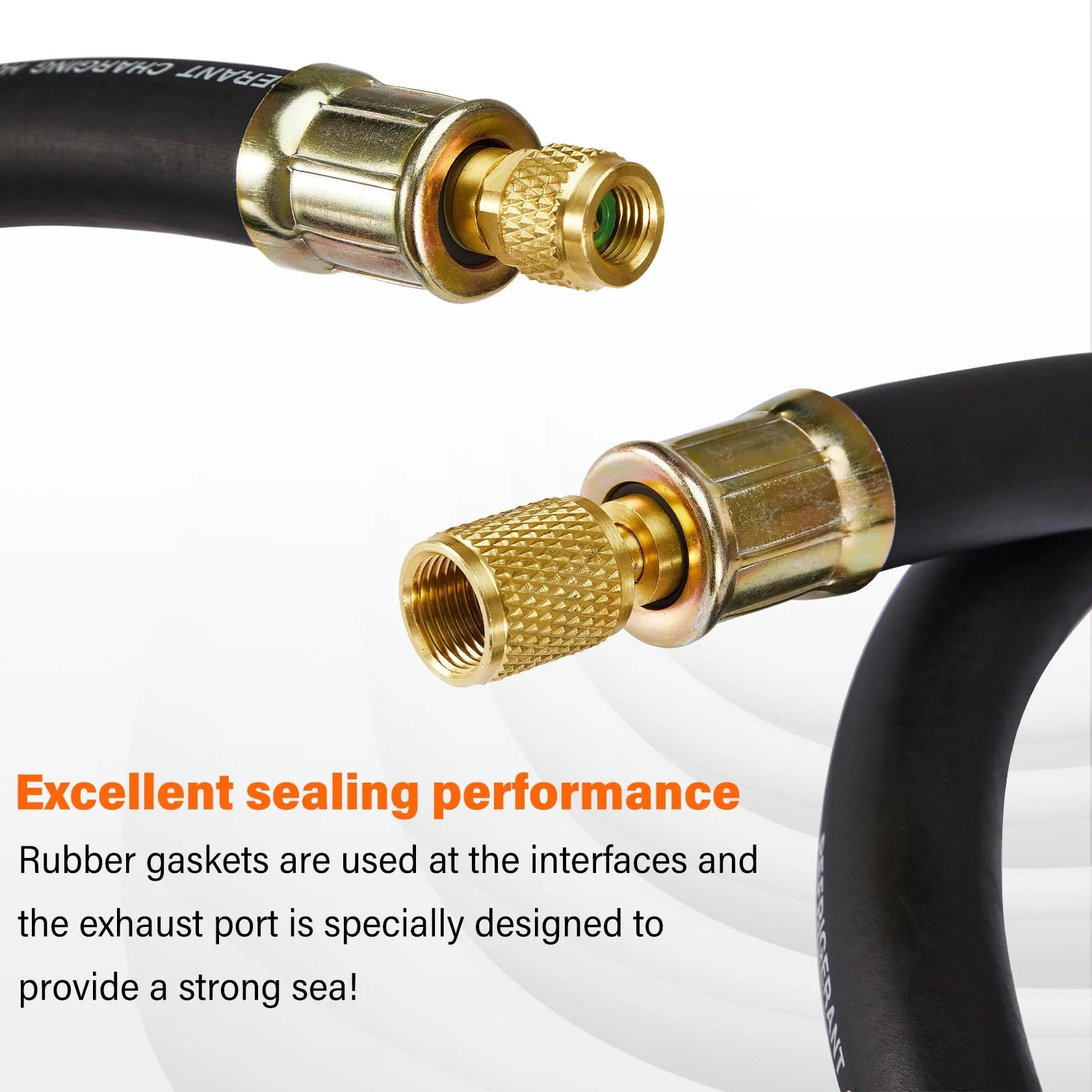 Close-up of Upgraded One Half Inch HVAC Vacuum Hose With Three Eighths To One Quarter Inch Fittings, High Flow Refrigerant Hose For Faster Evacuation And Recovery, Six Feet Black showing brass fittings and rubber gasket sealing.