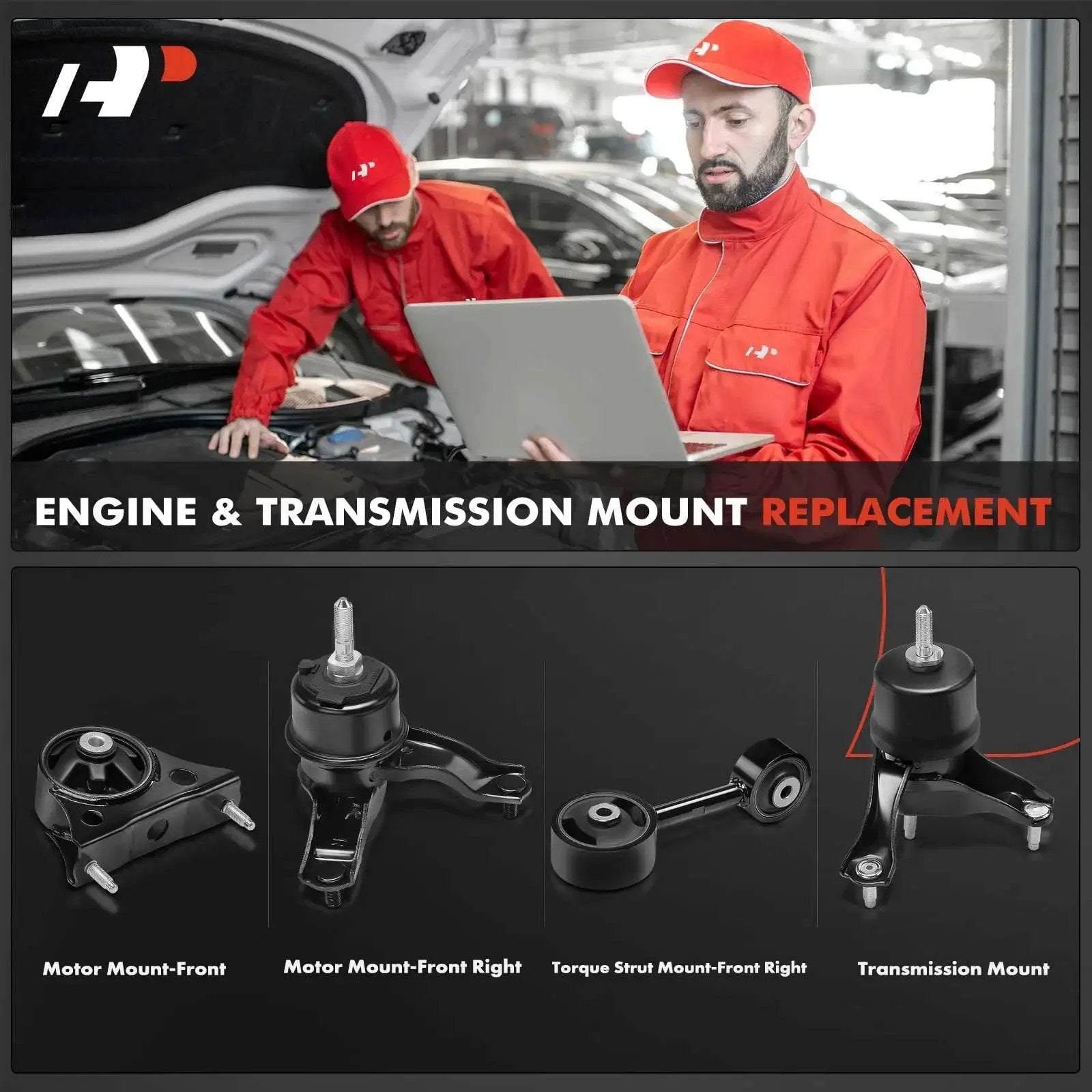 Four Piece Engine And Transmission Mount Kit For Toyota Highlander Two Point Four Liter 2004 2005 2006 2007 FWD Automatic Transmission With Torque Strut Mounts Replacement Set Heavy Duty Built To Take The Heat shown with parts layout